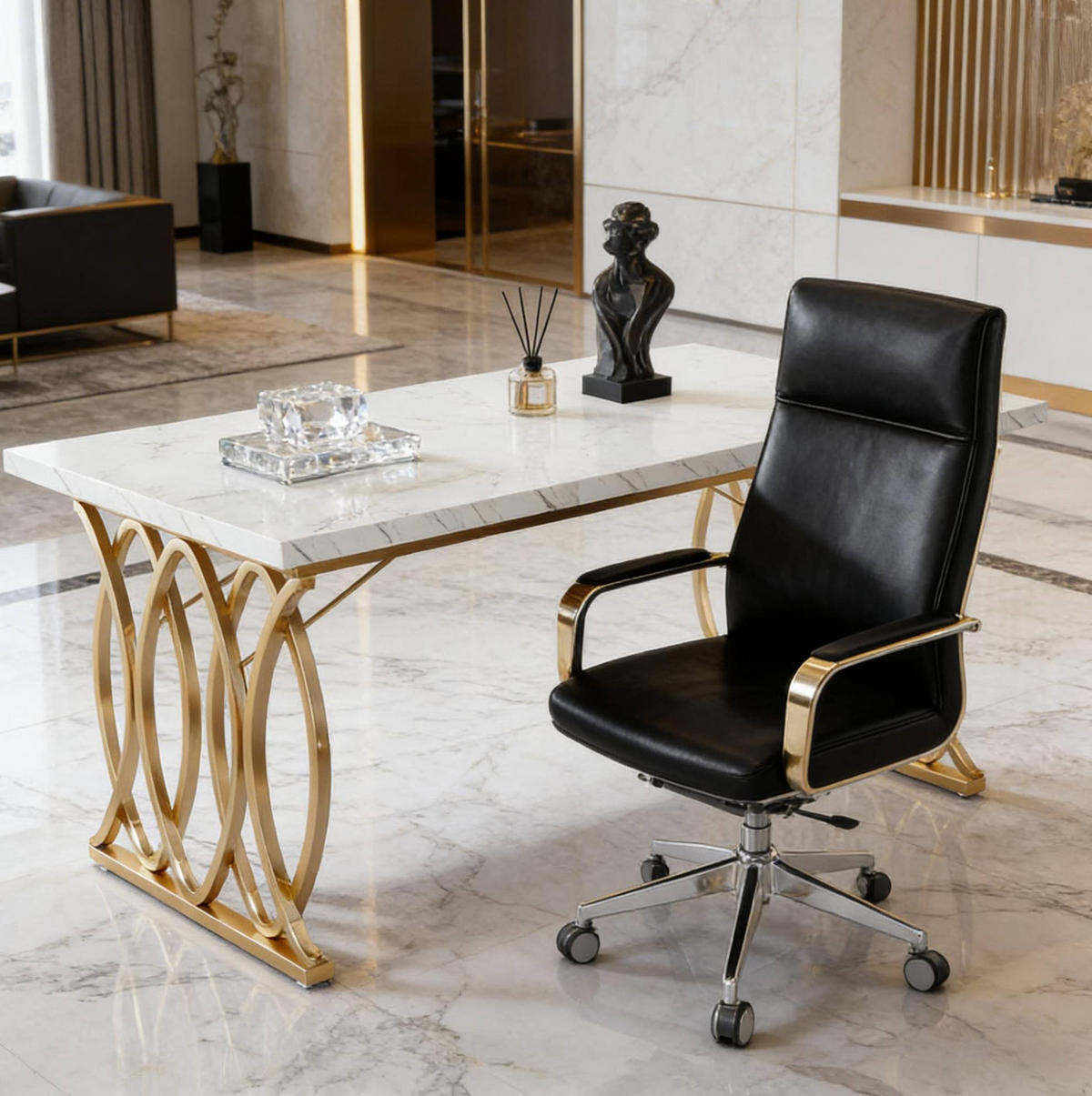 SCHREIBTISCH 160 x 80 cm Marmoroptik Weiß Gold - Weiß, Metall (160/80/75cm) - Meubliv