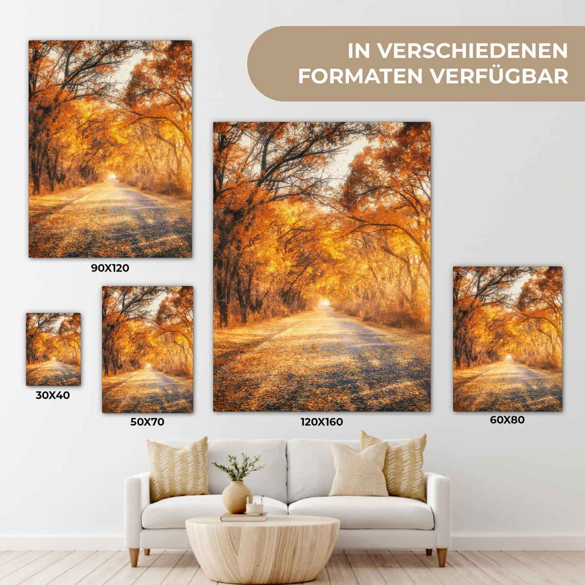 LEINWANDBILD Wald - Herbst - Bäume - Waldweg - Natur 60x80 cm - Bernsteinfarben, Textil (60/80cm) - MuchoWow