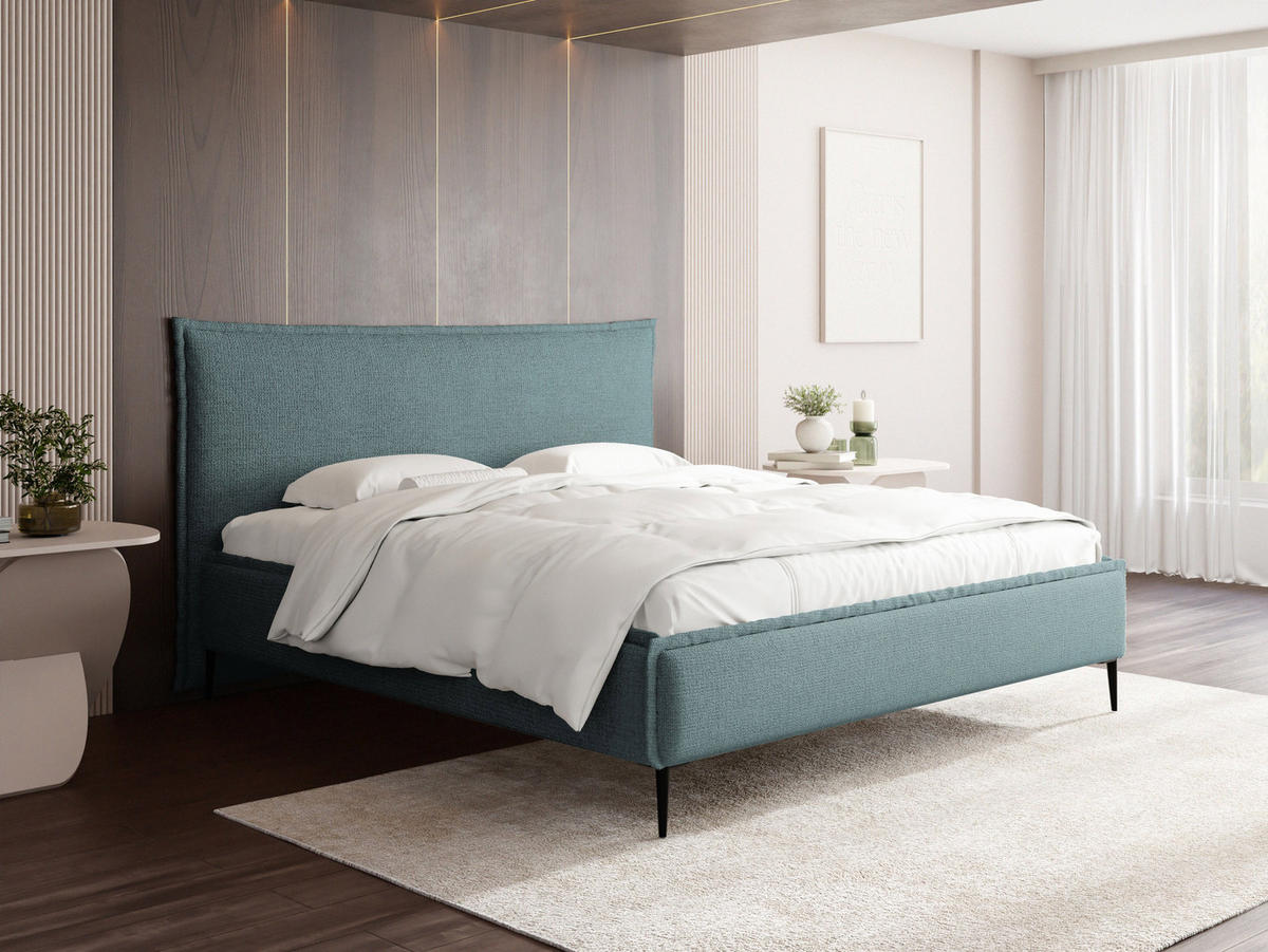 POLSTERBETT Pillow Rise mit Bettkasten, Lattenrost & hohen Metallfüßen in Türkis Chenille 180x200 cm - Türkis/Blau, Holz/Holzwerkstoff (180/200cm) - WFL GROUP