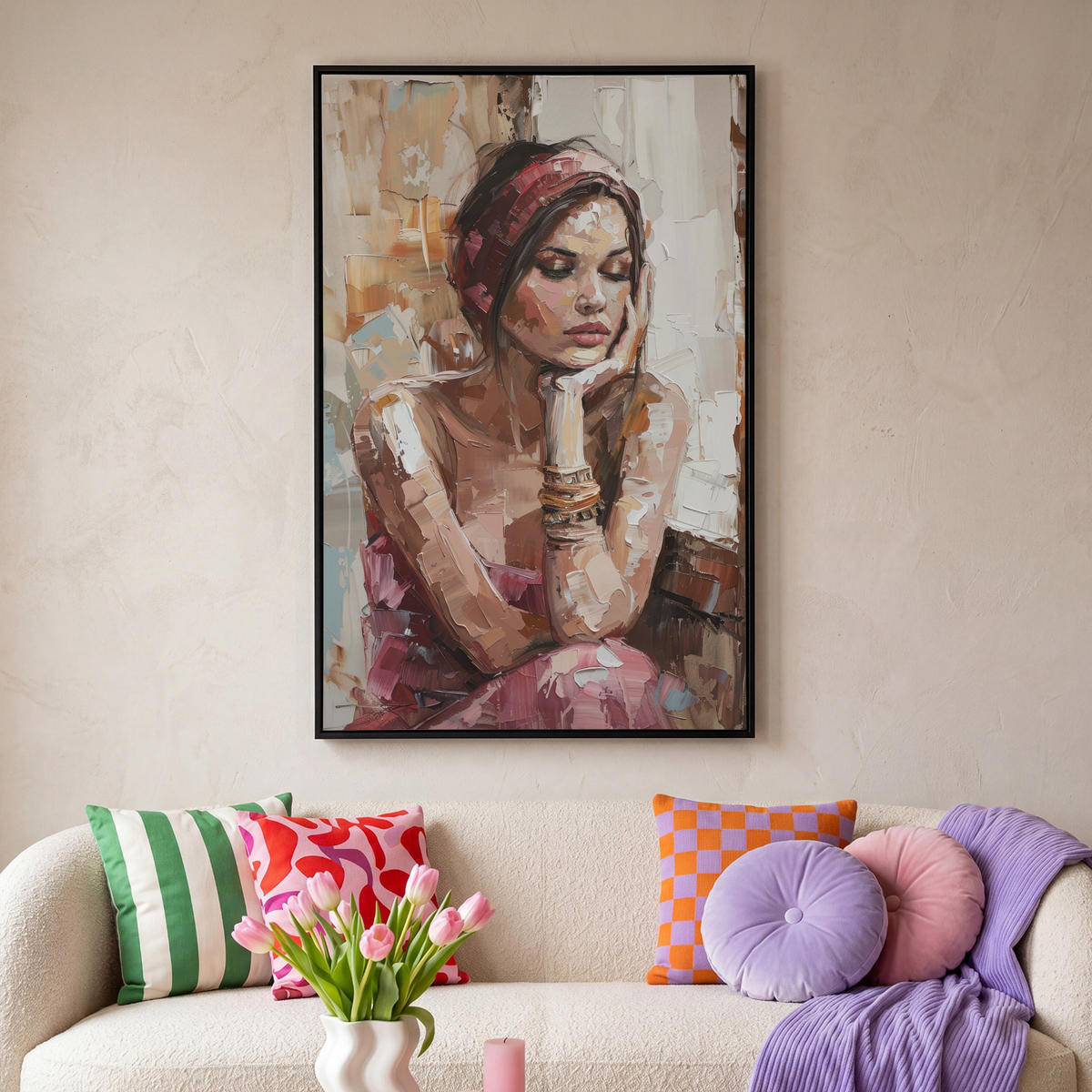 LEINWAND Bilder mit Rahmen - Frau - Lackierung - Porträt - Modern - 90x140 - Altrosa, Textil (90/140cm) - MuchoWow