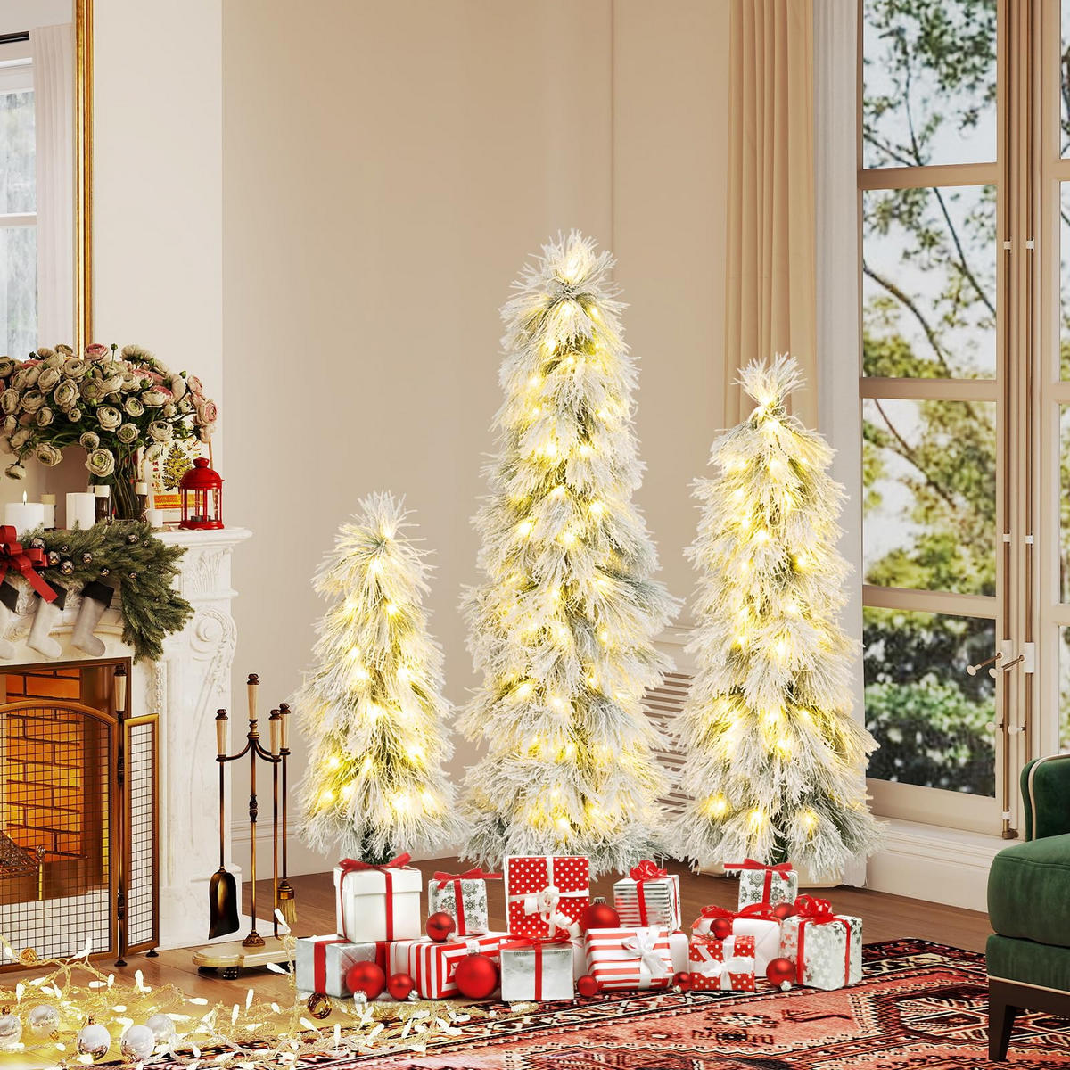 WEIHNACHTSBAUM Tannenform mit warmweißer Beleuchtung und Schnee 90/120/150 cm weiß - Weiß, Metall (150cm) - COSTWAY