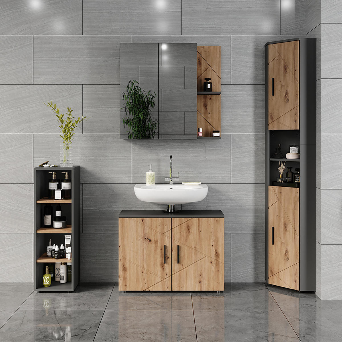 HOCHSCHRANK Irma Anthrazit/Artisan 33 x 192 cm mit 2 Türen - Anthrazit/Eiche Artisan, Holzwerkstoff (33/192/33cm) - Vicco