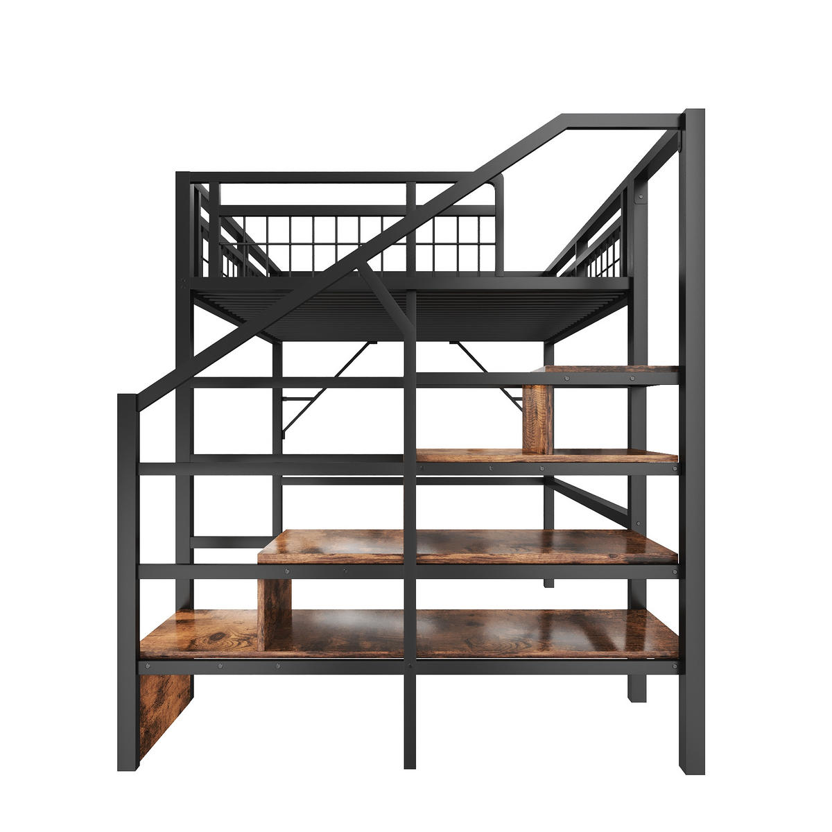 HOCHBETT 140/200 cm in Schwarz mit Stauraumtreppe und LED - Schwarz, Holzwerkstoff/Metall (140/200cm) - STILVORA