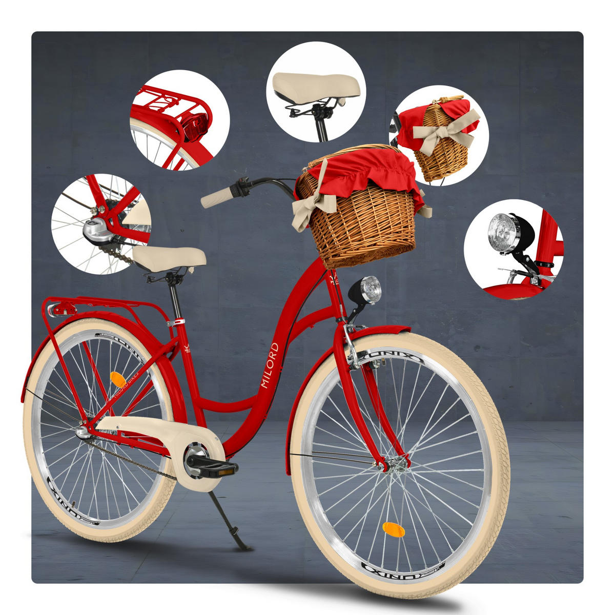 CITY-FAHRRAD Milord mit Weidenkorb, 28 Zoll, Rot, 3-Gang - Rot, Metall (46cm) - Milordbikes