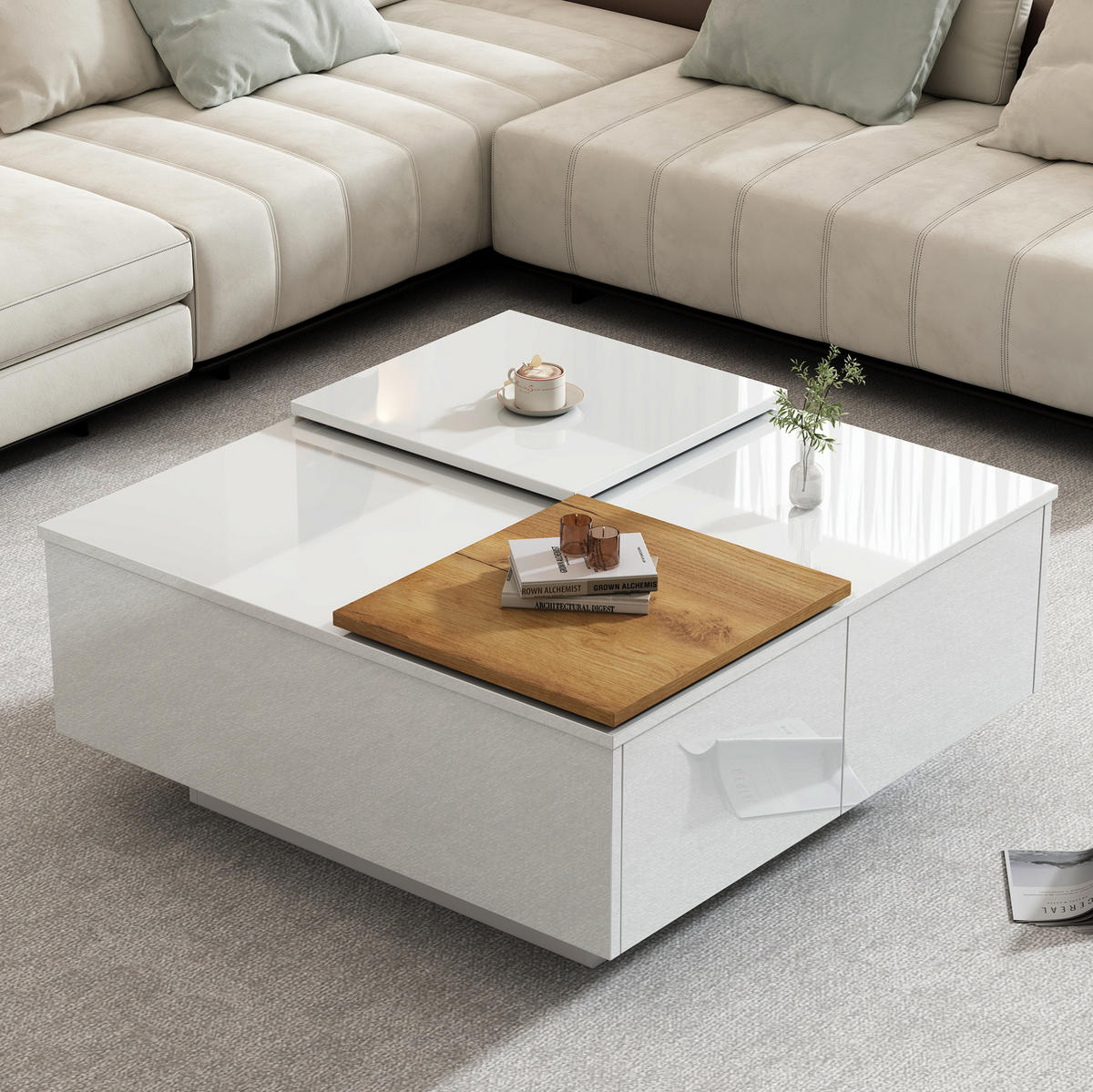 COUCHTISCH 75/75/33.5 cm in Weiß aus Spanplatte mit Hochglanz und Schubladen - Weiß, Holzwerkstoff (75/75/33.5cm) - OKMYHOME