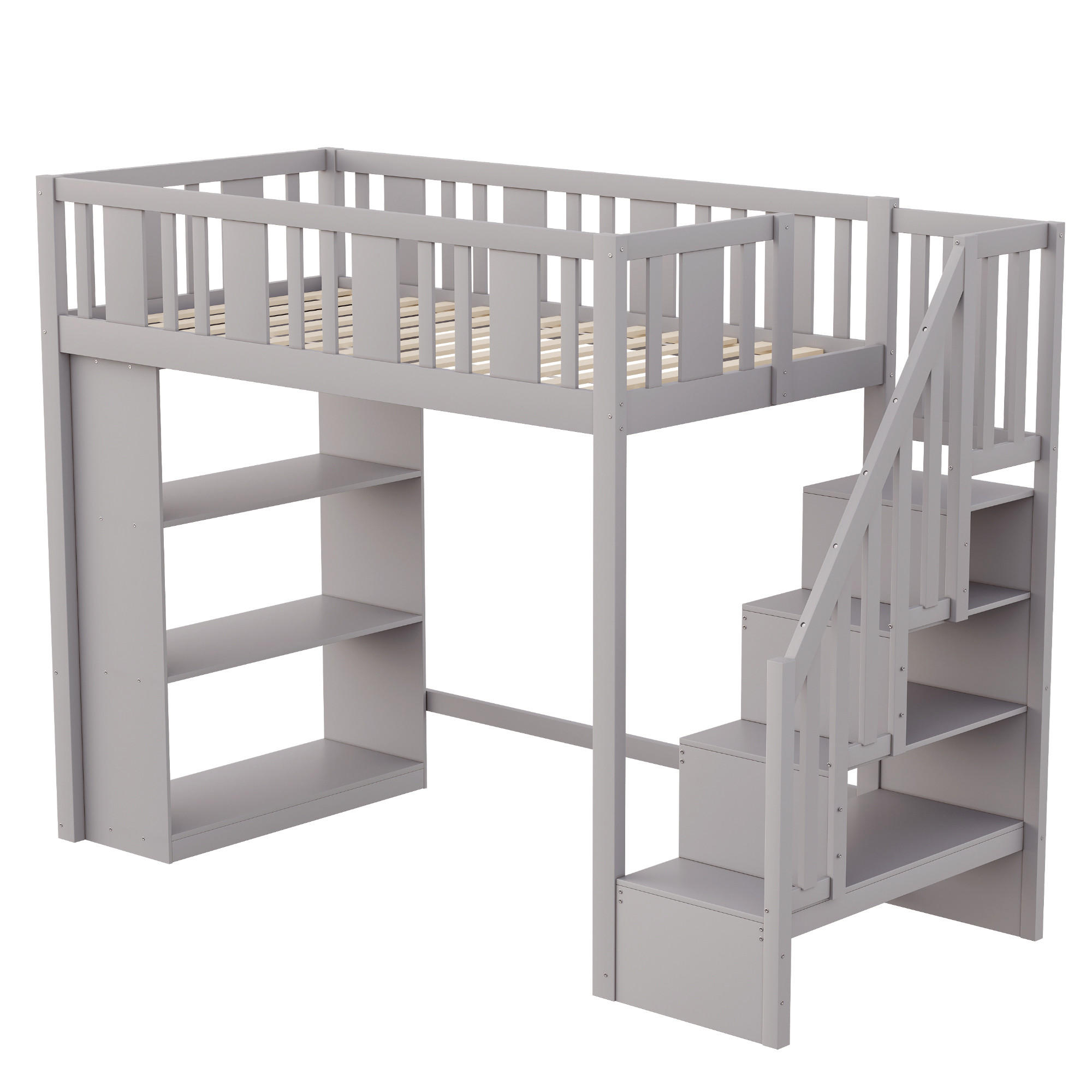 HOCHBETT 90/200 cm DE-01416, in Grau, mit Stauraumtreppe und Staufächern - Grau, Holz (90/200cm) - ComfortXL
