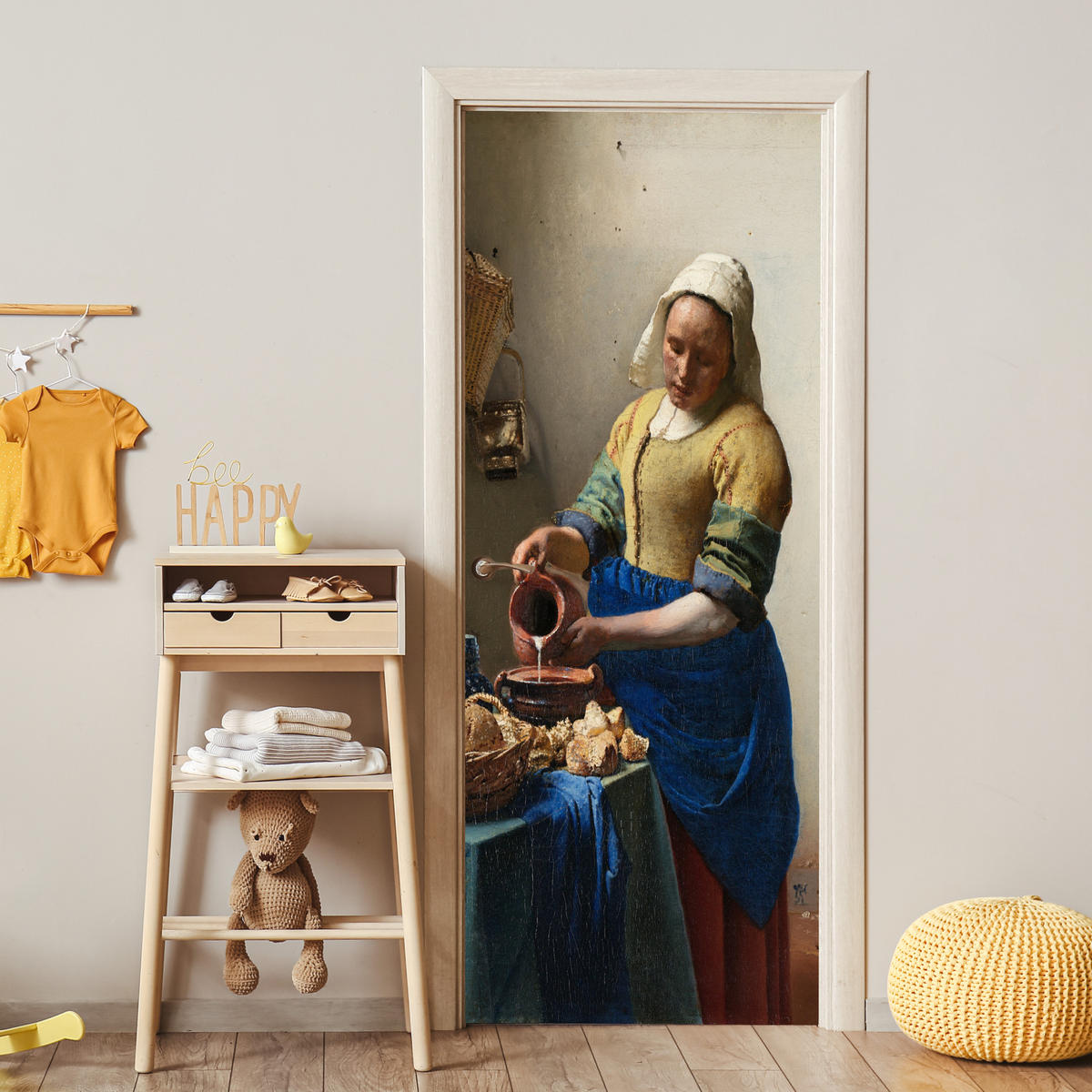 NÁLEPKA NA DVERE Dojička - Johannes Vermeer 80x215 cm - tmavomodrá, plast (80/0.1cm) - MuchoWow