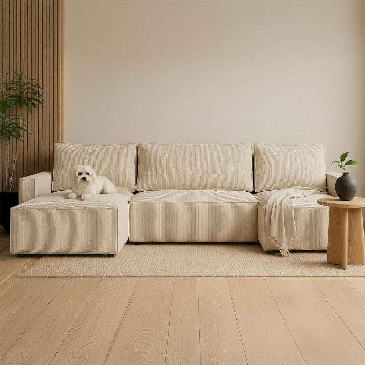 ECKSOFA LIVIO U mit Schlaffunktion und Bettkasten – Moderne Wohnlandschaft in U-Form (POSO 100) - Cappuccino, Holz (300/90/142cm) - Dekori_Interiors