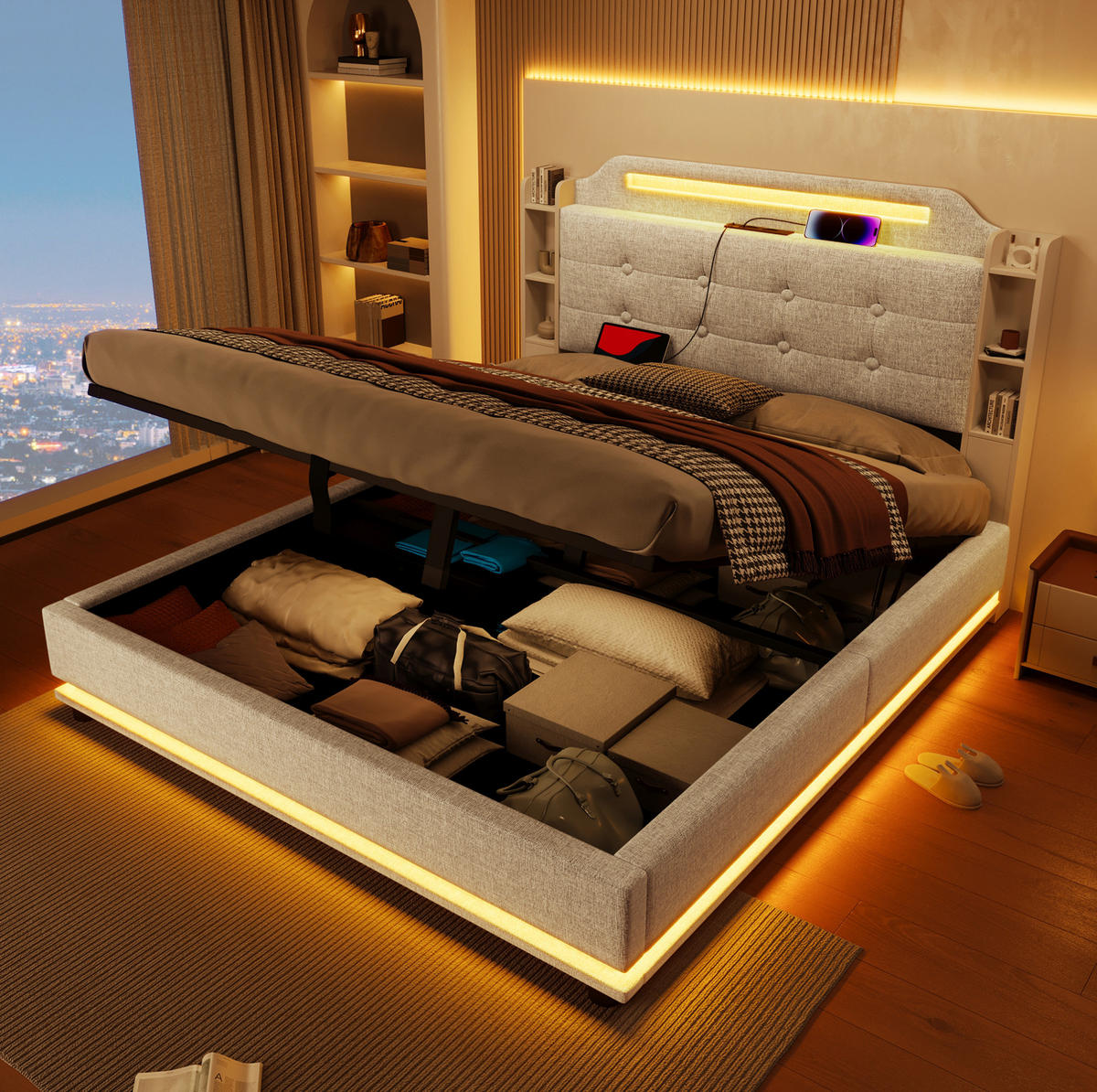 POLSTERBETT mit LED-Beleuchtung 140/200 cm in Beige mit Bettkasten & USB - Beige, Textil (140/200cm) - BEAOK