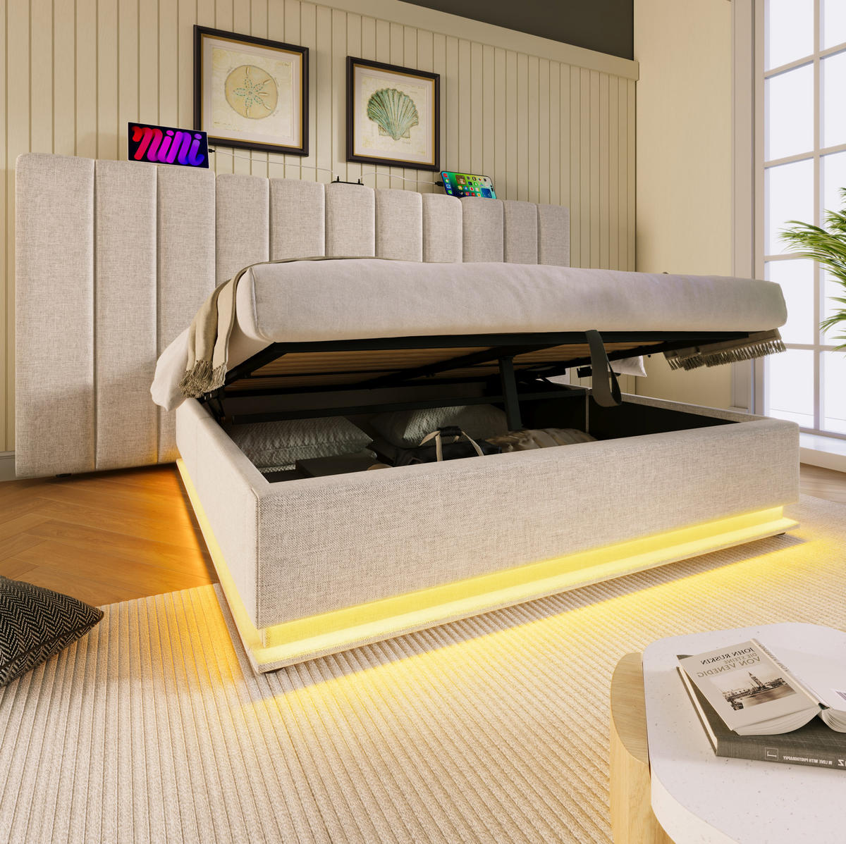 POLSTERBETT 180/200 cm mit LED-Beleuchtung, USB-C und hydraulischem Stauraum aus Leinen, Beige - Beige, Textil (180/200cm) - Redom