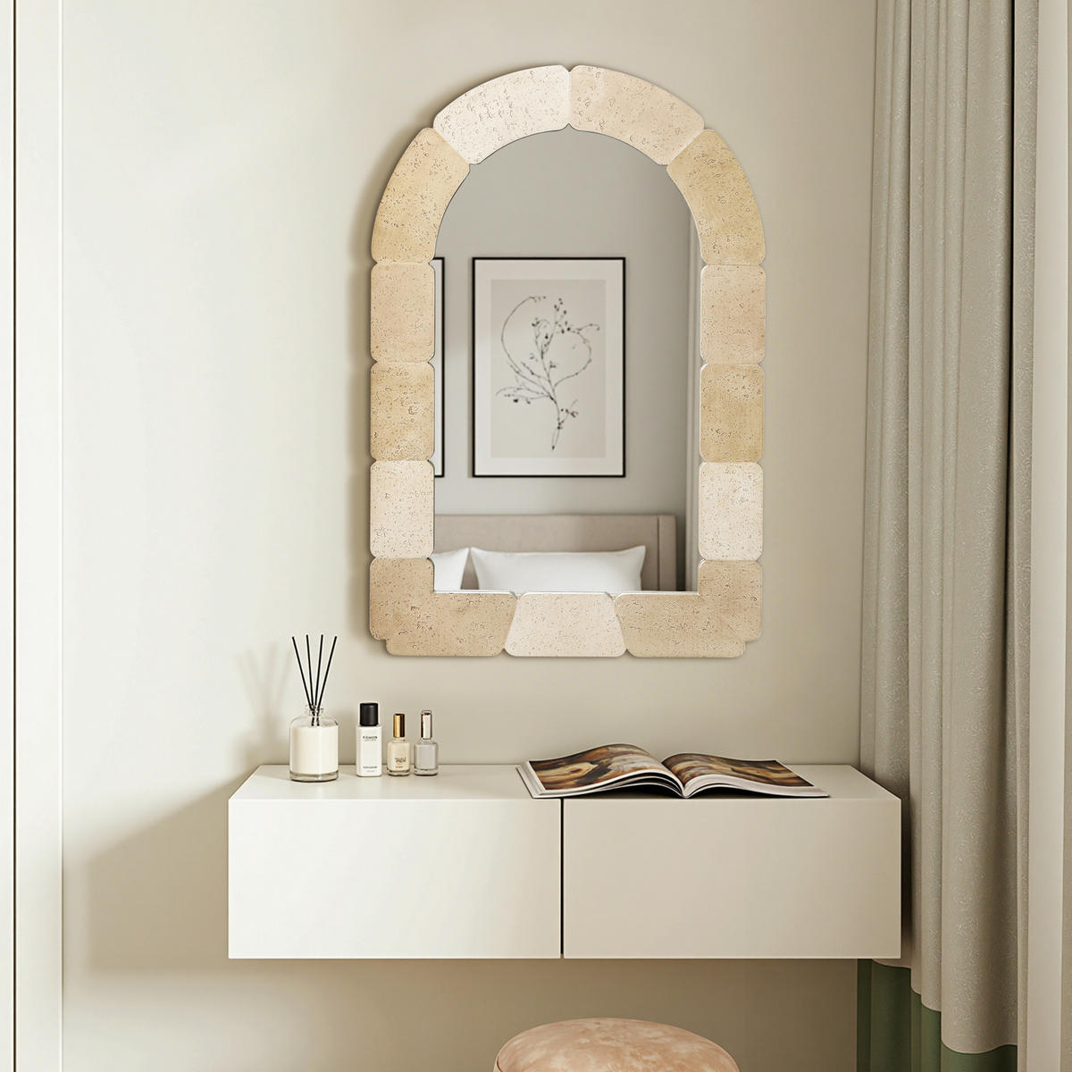 78CM H Bogenförmiger Wandspiegel, Geeignet für Wohnzimmer, Schlafzimmer, Badezimmer und Flur Boho-Stil MDF-Material - Beige/Hellgelb, Holz/Kunststoff (78/3/52cm) - Hometopia