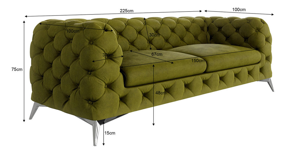 CHESTERFIELD-SOFA 3-Sitzer Laura Olive Samt - Silberfarben/Olivgrün, Holz/Textil (225/75/100cm) - S-Style Möbel