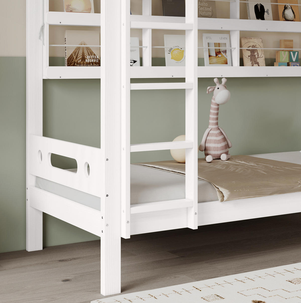 ETAGENBETT 90/200 cm in Weiß/Natur mit Regal und 5-stufiger Leiter - Weiß, Holz (90/200cm) - OKMYHOME