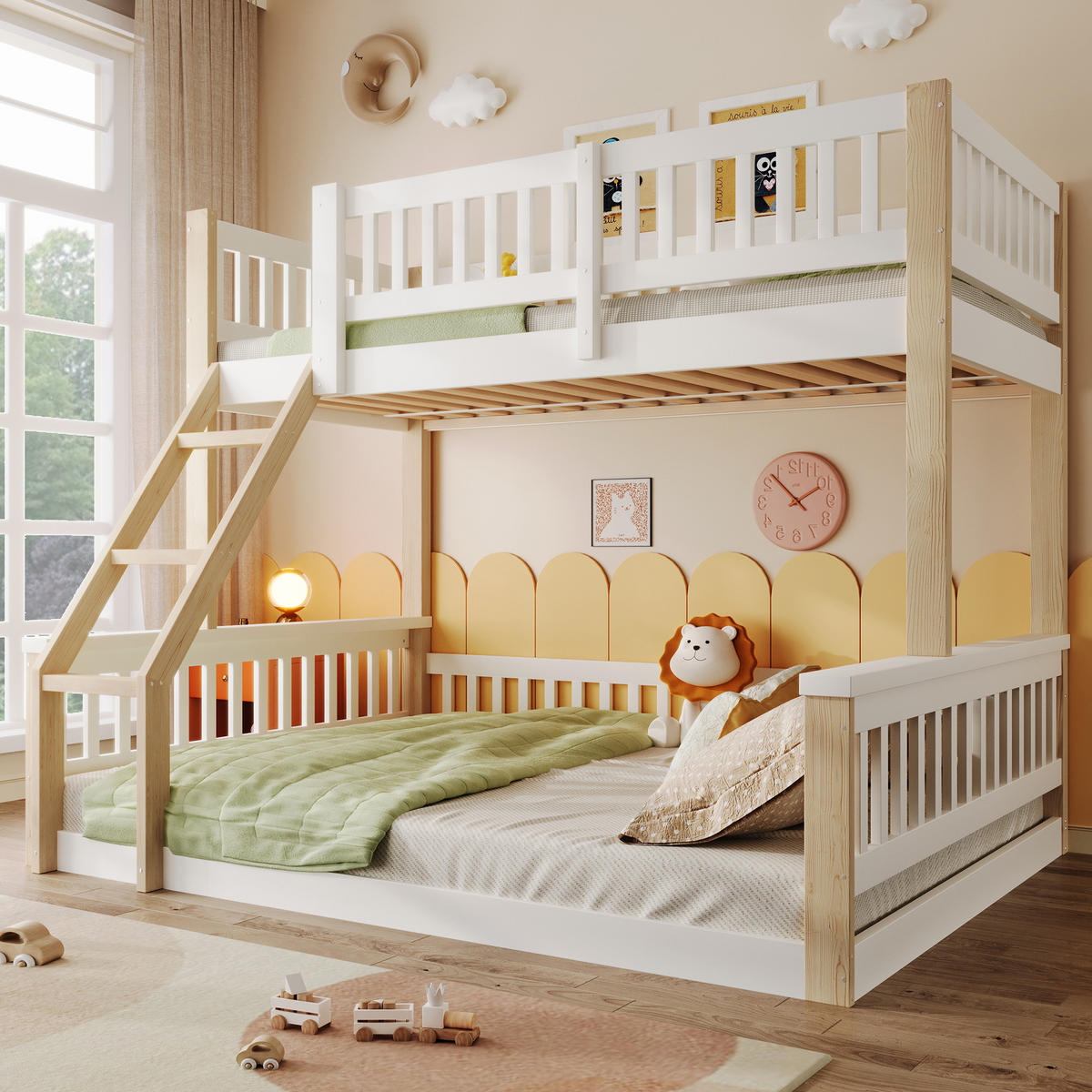 ETAGENBETT 90x200cm + 140x200cm Weiß + Natur Leiter Bettgitter - Multicolor, Holz (140/200cm) - FLIEKS