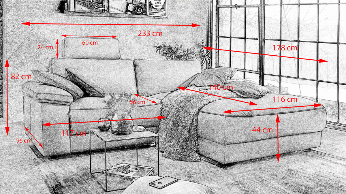 ECKSOFA MOTORISCH. RELAXFUNKTION LOLA Grau Webstoff - Schwarz/Grau, Textil (233/178cm) - KAWOLA