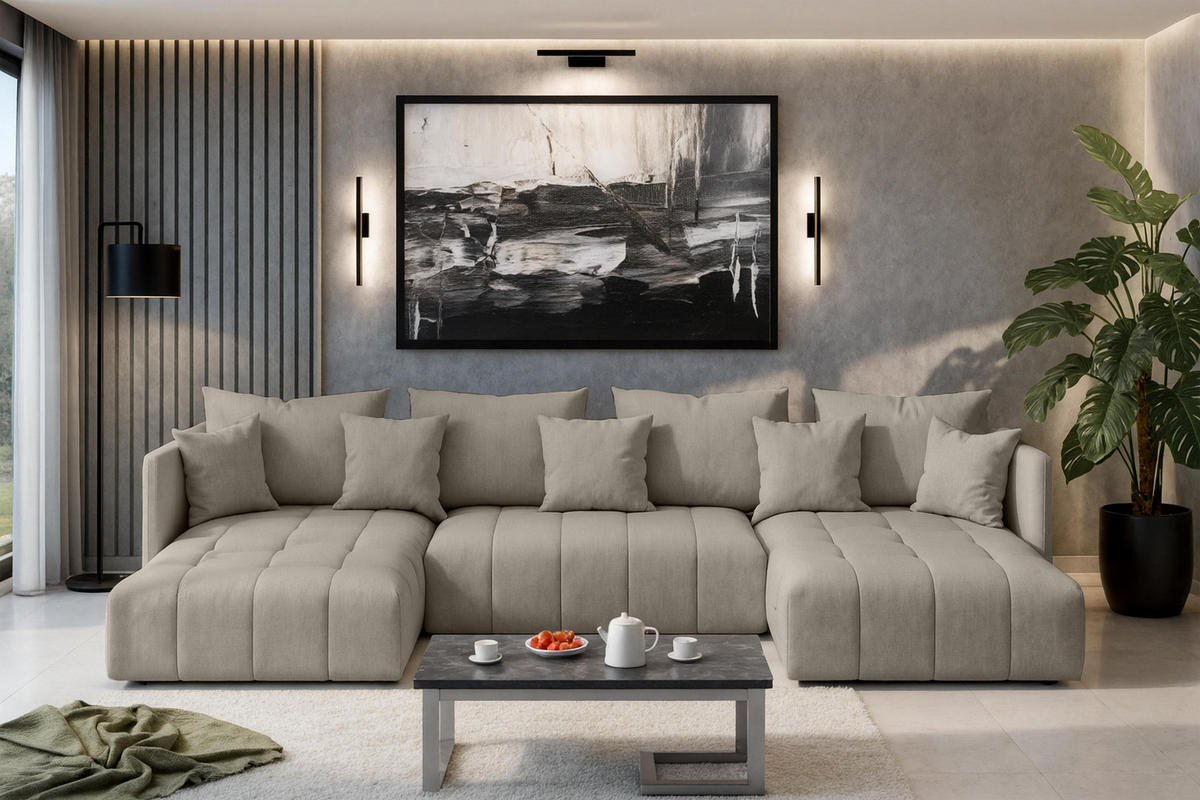 WOHNLANDSCHAFT Veliro U Hellbraun 353/180/83 cm mit Schlaffunktion und Bettkasten - Hellbraun/Schwarz, Kunststoff/Textil (353/83/180cm) - AX Living