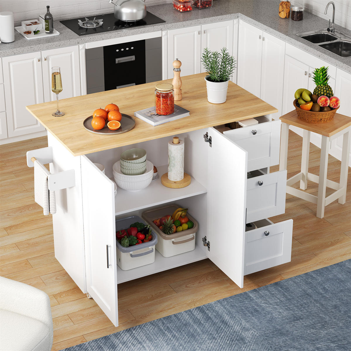 KÜCHENINSEL in Weiß und Naturfarbe Servierwagen mit Schubladen für Küchen und Esszimmer, B135/T44 (70)/H90 cm - Weiß, Holzwerkstoff (135/90/44cm) - STILVORA