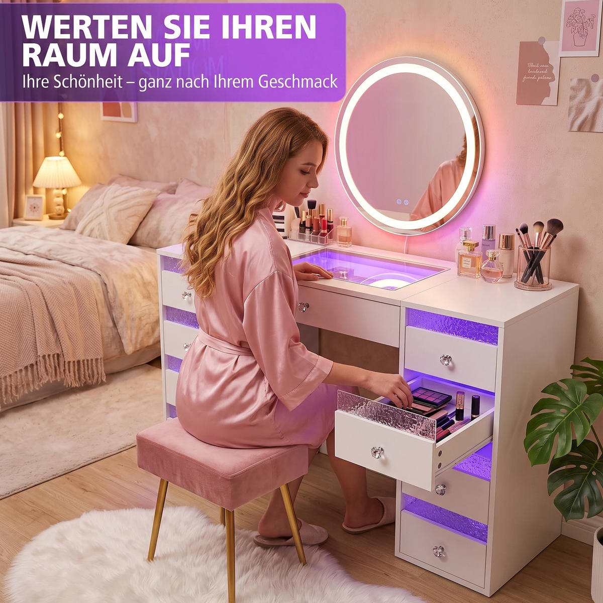 SCHMINKTISCH mit Beleuchtung 9 Schubladen Weiβ 130/55/81 CM - Weiß, Metall (130/81/55cm) - VANITII