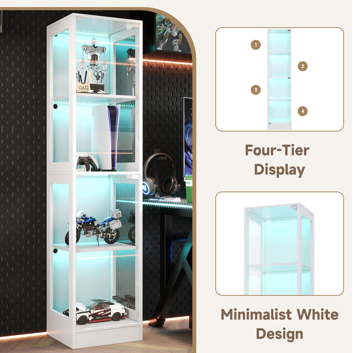 VITRINE Vitrinenschrank mit vier Ebenen Stauraum aus MDF und gehärtetem Glas, platzsparend, modern, Einzeltür Design - Weiß, Glas/Holzwerkstoff (40/170/35cm) - EVRYAE