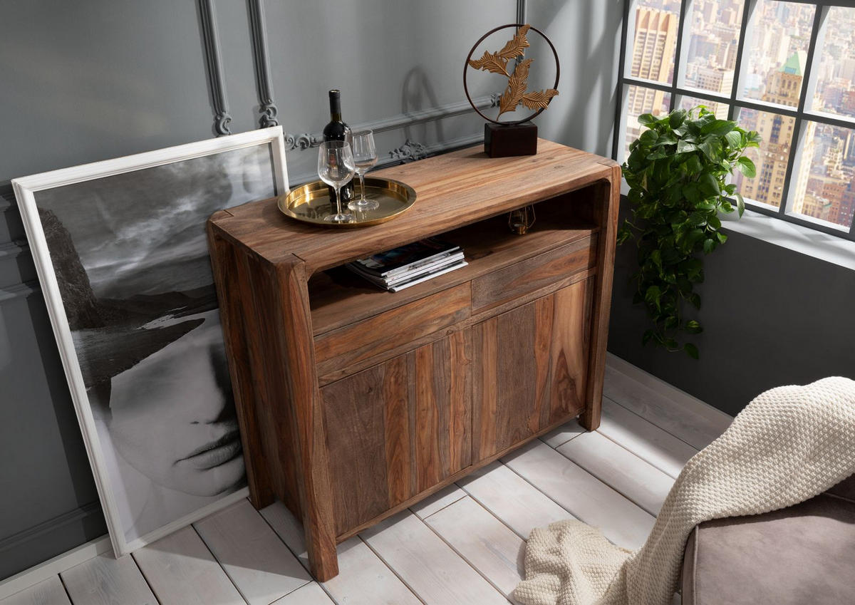 SIDEBOARD Sheesham 120x45x100 grau geölt BUENO #2005 - Grau, Holz (120/100/45cm) - Massivmoebel24