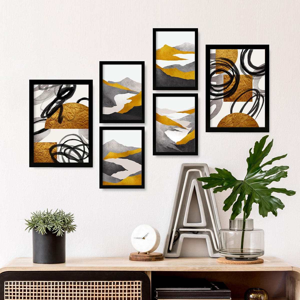 POSTER Set Mit 6 Gattung Nature 2 In Kulissen Abstracts Ästhetische Dekorative Gemälde Für Ihr Wohnzimmer Zuhause A3 & A4 Schwarzer Rahmen - Schwarz, Papier (29/3cm) - Nacnic