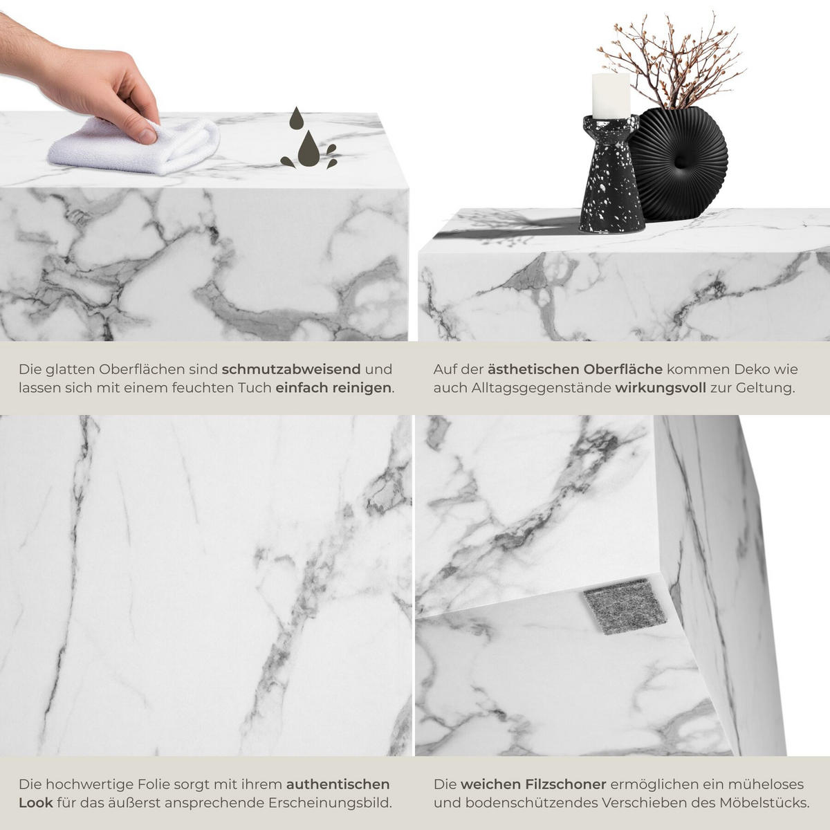 COUCHTISCH Lasley, inkl. Bodenschoner, Belastbarkeit 45 kg, Marmor Optik weiß - Weiß, Holz (50/90/40cm) - tectake