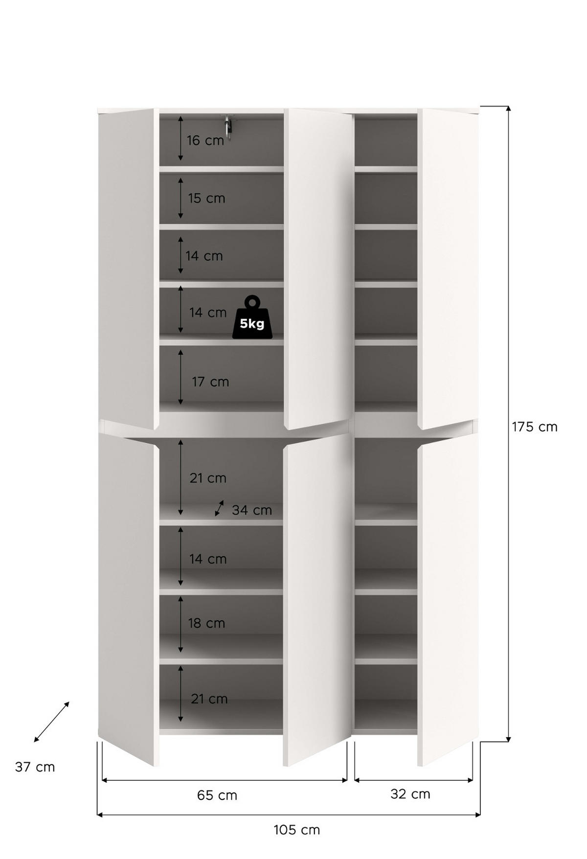 MEHRZWECKSCHRANK weiß 105 x 175 cm, Stauraumschrank 6-türig mit 18 Fächern - Schwarz/Weiß, Holzwerkstoff/Kunststoff (105/175/37cm) - Inn.Furn
