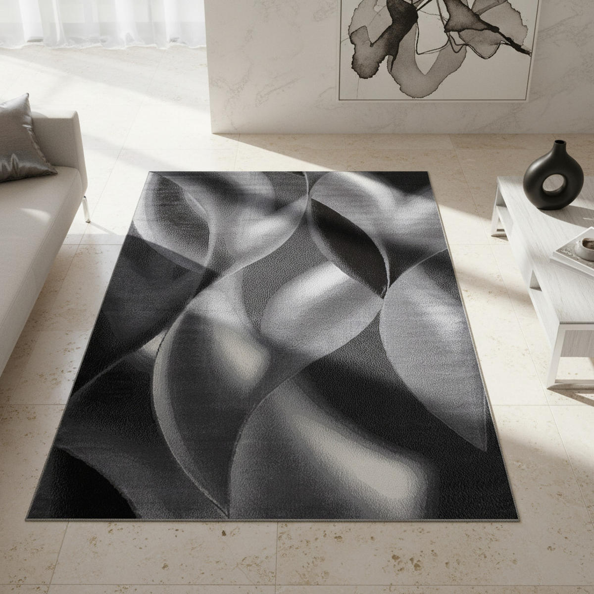 TEPPICH Kurzflor Abstrakte Wellen Polypropylen Wohnzimmer Schwarz Rechteckig 140x200 - Schwarz, Textil (140/200cm) - KADIMA DESIGN