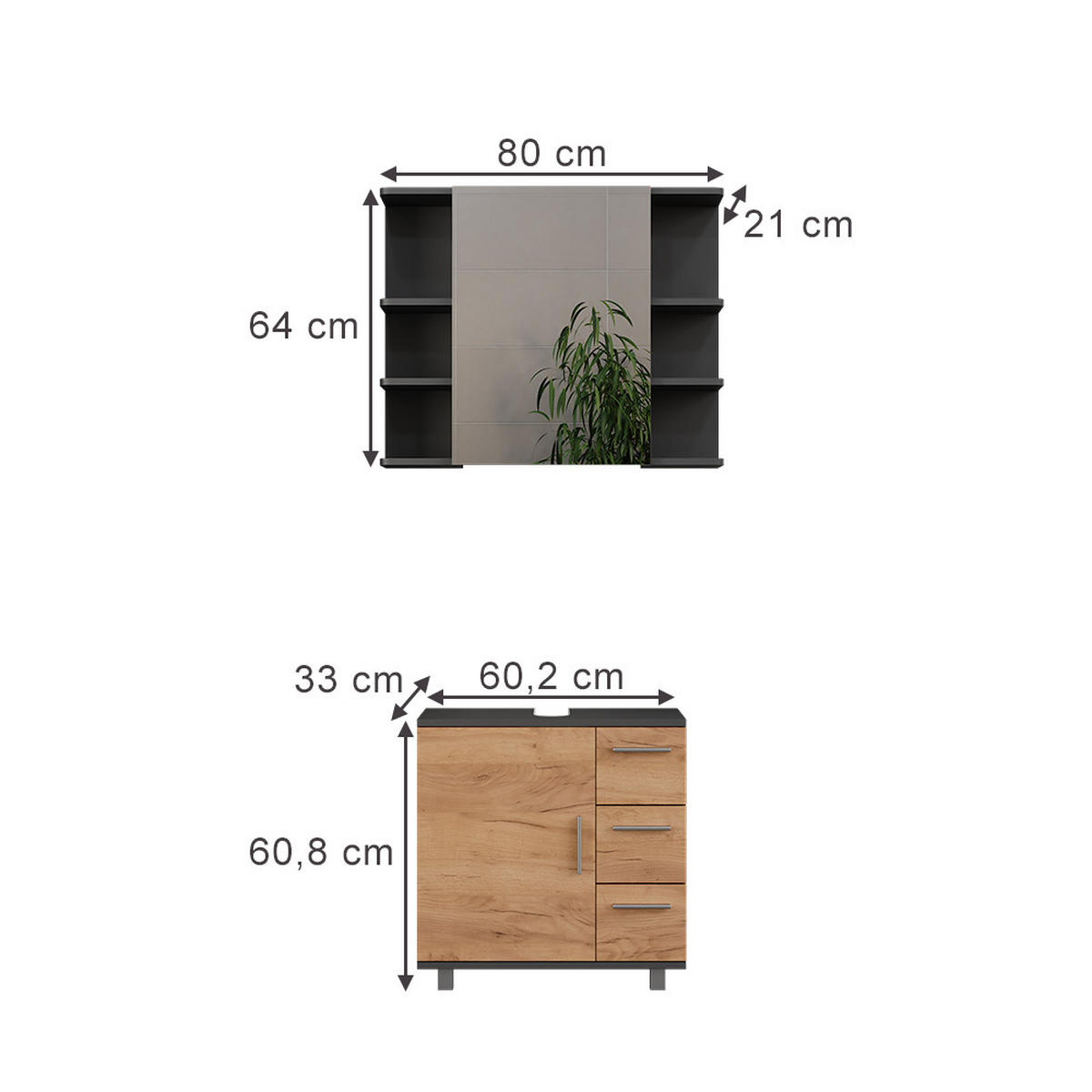 WASCHBECKENUNTERSCHRANK Ilias Anthrazit/Goldkraft Eiche 2 Teile - Honigeiche/Anthrazit, Holzwerkstoff (60.2/60.8/33cm) - Vicco
