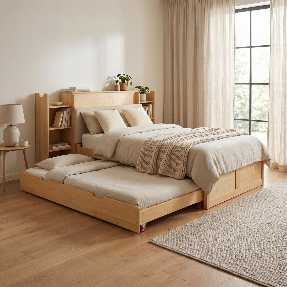 BETT 90/200 cm in Naturholzfarben & Beige mit Ausziehbett, Ablage, USB - Naturfarben, Holz/Holzwerkstoff (90/200cm) - WISHDOR