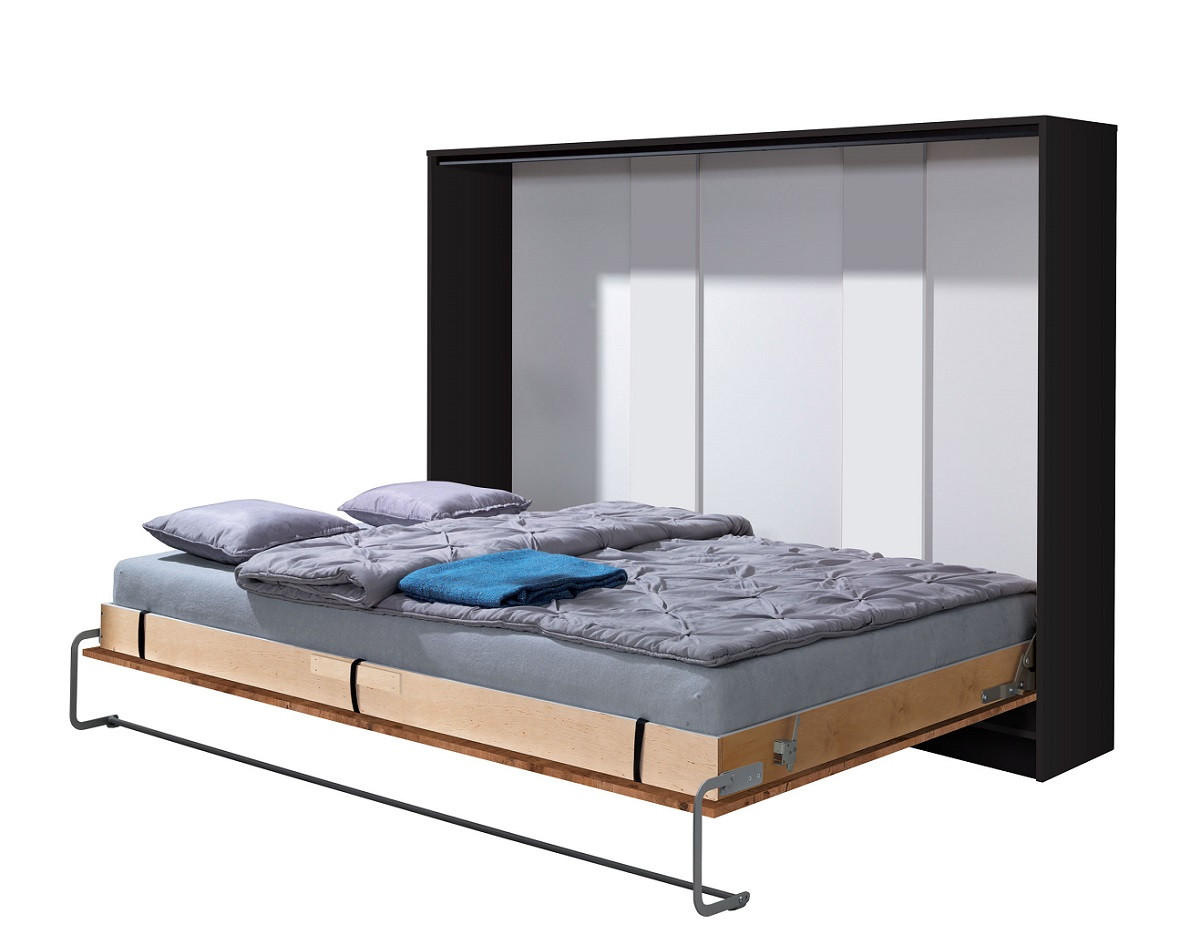 SCHRANKBETT Wandbett horizontal HB 140x200 mit 2 Schränken & Aufsatz - 4-teilig - Eiche Lancelot & Schwarz - Schwarz/Braun, Holzwerkstoff (140/200cm) - QMM TraumMöbel