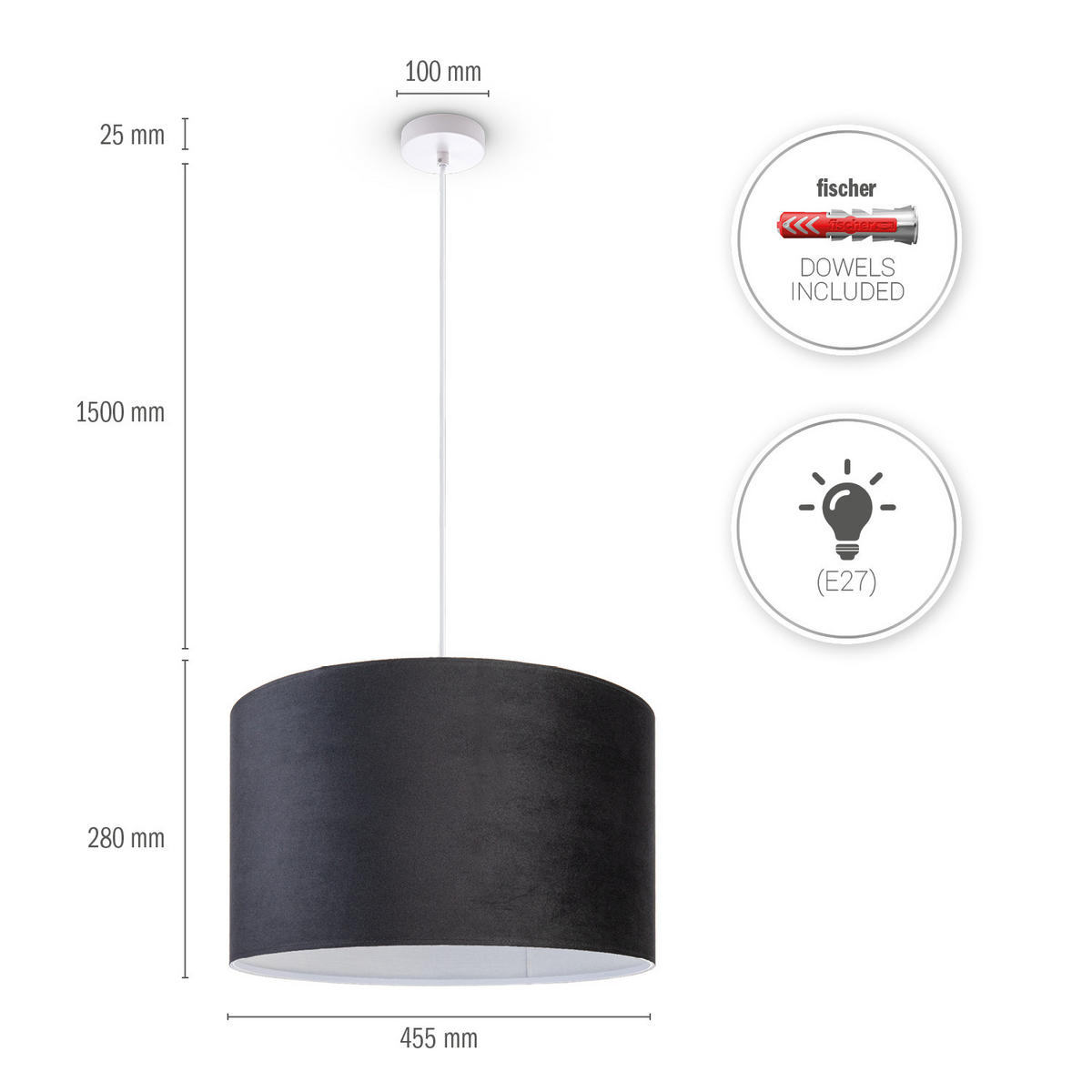 PENDELLEUCHTE Hugo Pd1 - Schwarz/Weiß, Metall (45.5/45.5/28cm) - Paco Home