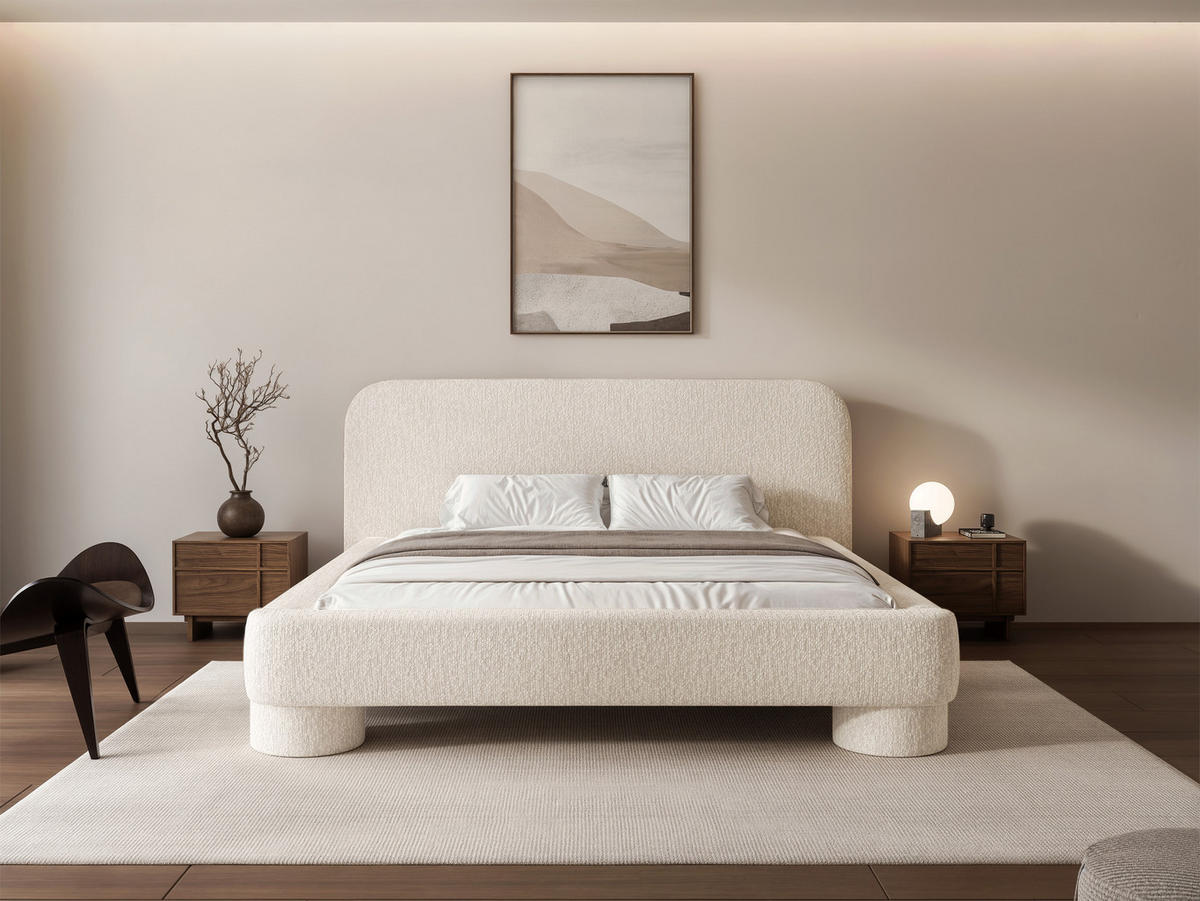 POLSTERBETT Frederico 180x200 cm Cremeweiß Chenille – (Doppelbett mit Bettkasten, Lattenrost, rundes Kopfteil) - Creme, Holz/Holzwerkstoff (180/200cm) - Ravio