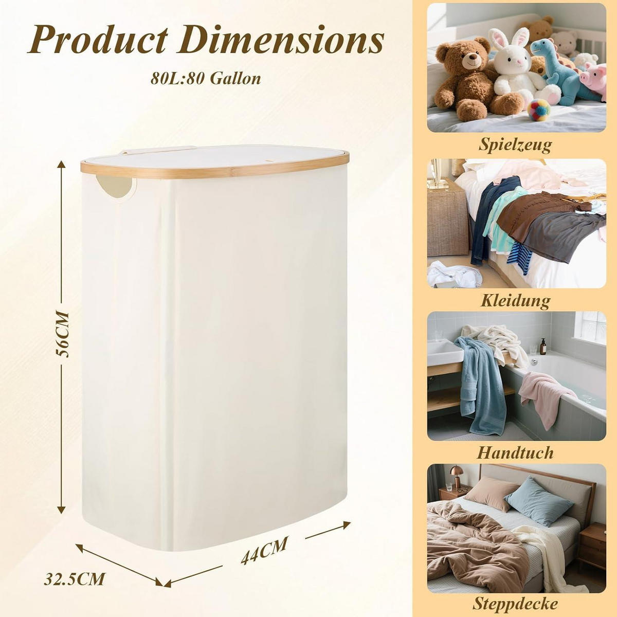 WÄSCHEKORB 80L Bambus mit Deckel Beige - Weiß, Naturmaterialien (32.5/56/44cm)