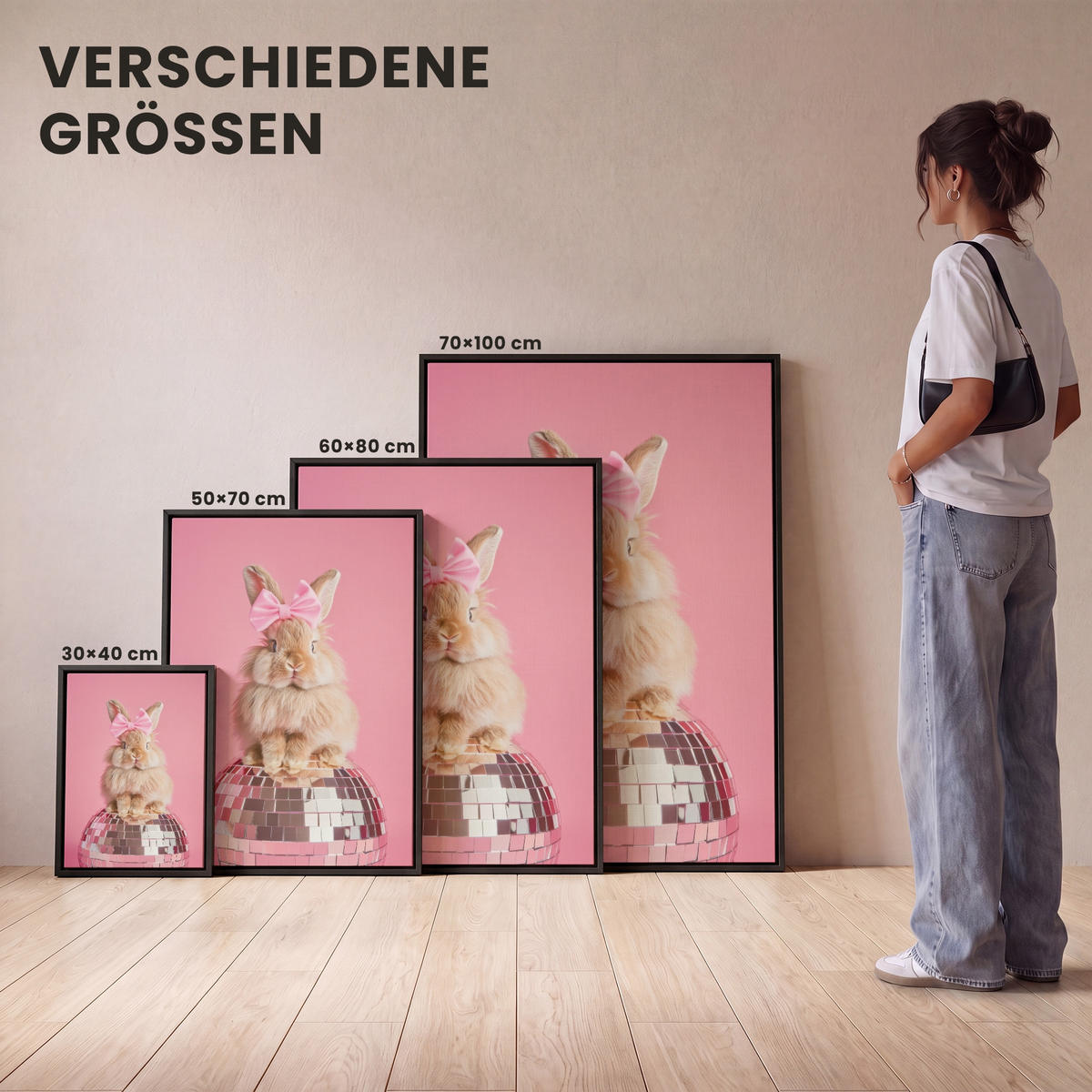 LEINWAND Bilder mit Rahmen - Schleife - Discoball - Kaninchen - 50x70 - Pink, Textil (50/70cm) - MuchoWow