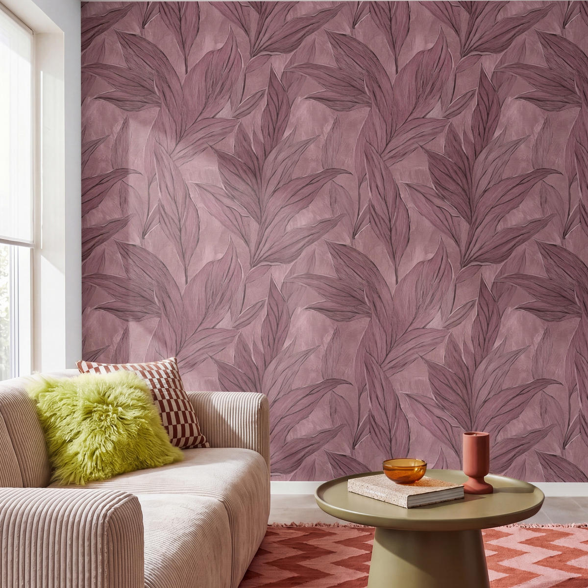 TAPETE - Blätter - Muster - Lila - 280x280 cm - Altrosa, Papier (280/280cm) - OnlyWow