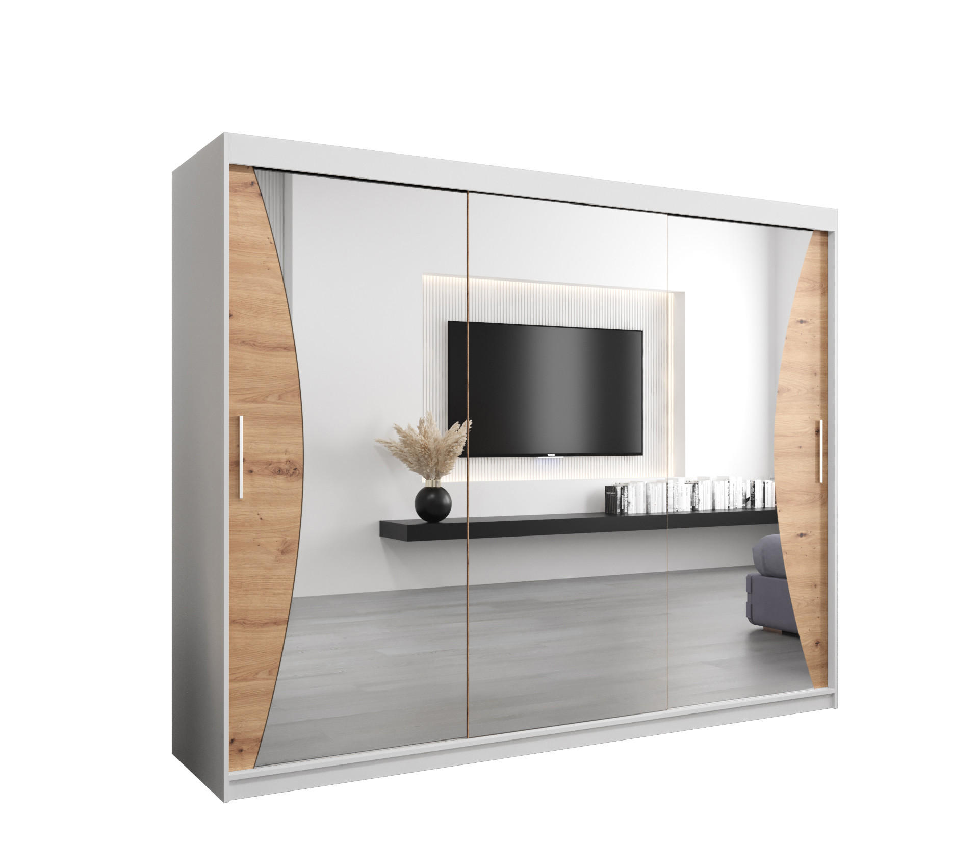 Abiks Möbel Schwebetürenschrank Weiß, Eiche Artisan 250x200x62 cm