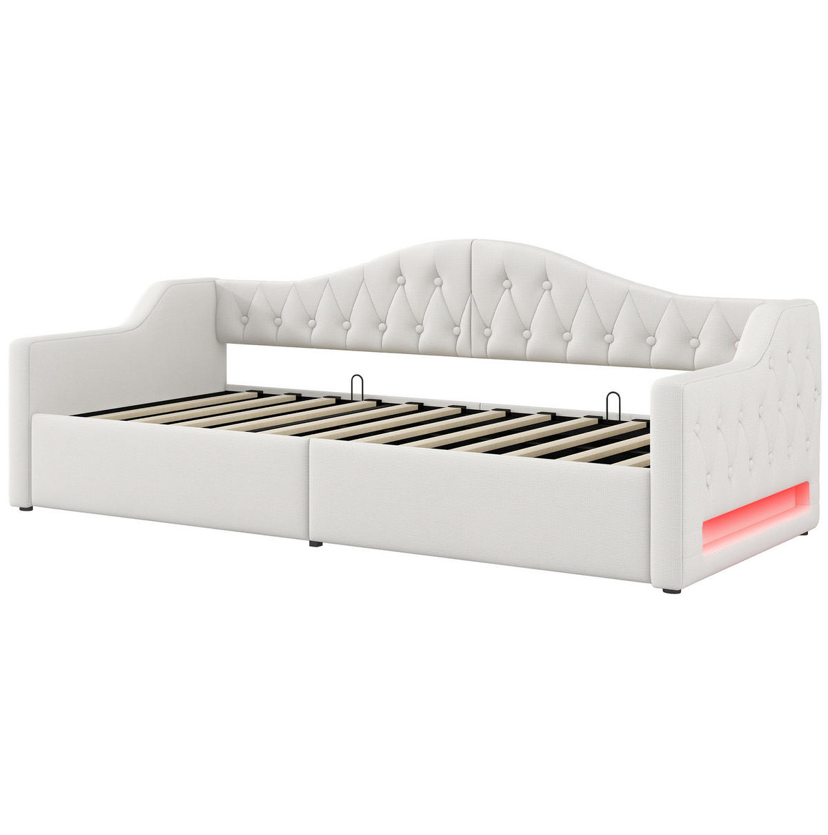 POLSTERBETT aus MDF und Sperrholz 90x200 cm Beige mit LED-Beleuchtung, Stauraum und Leinenpolsterung - Beige, Holzwerkstoff (90/200cm) - Modfu