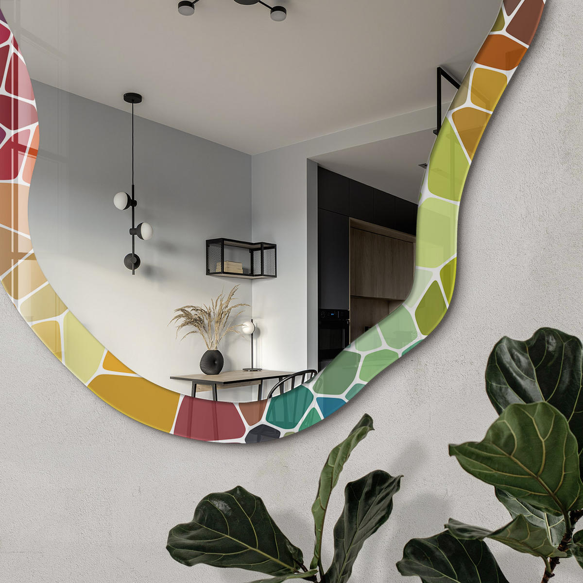 SPIEGEL 90x45 cm asymmetrisch mit Druck - Farbenfrohes Mosaik - Transparent, Glas (45/90/0.4cm) - TULUP
