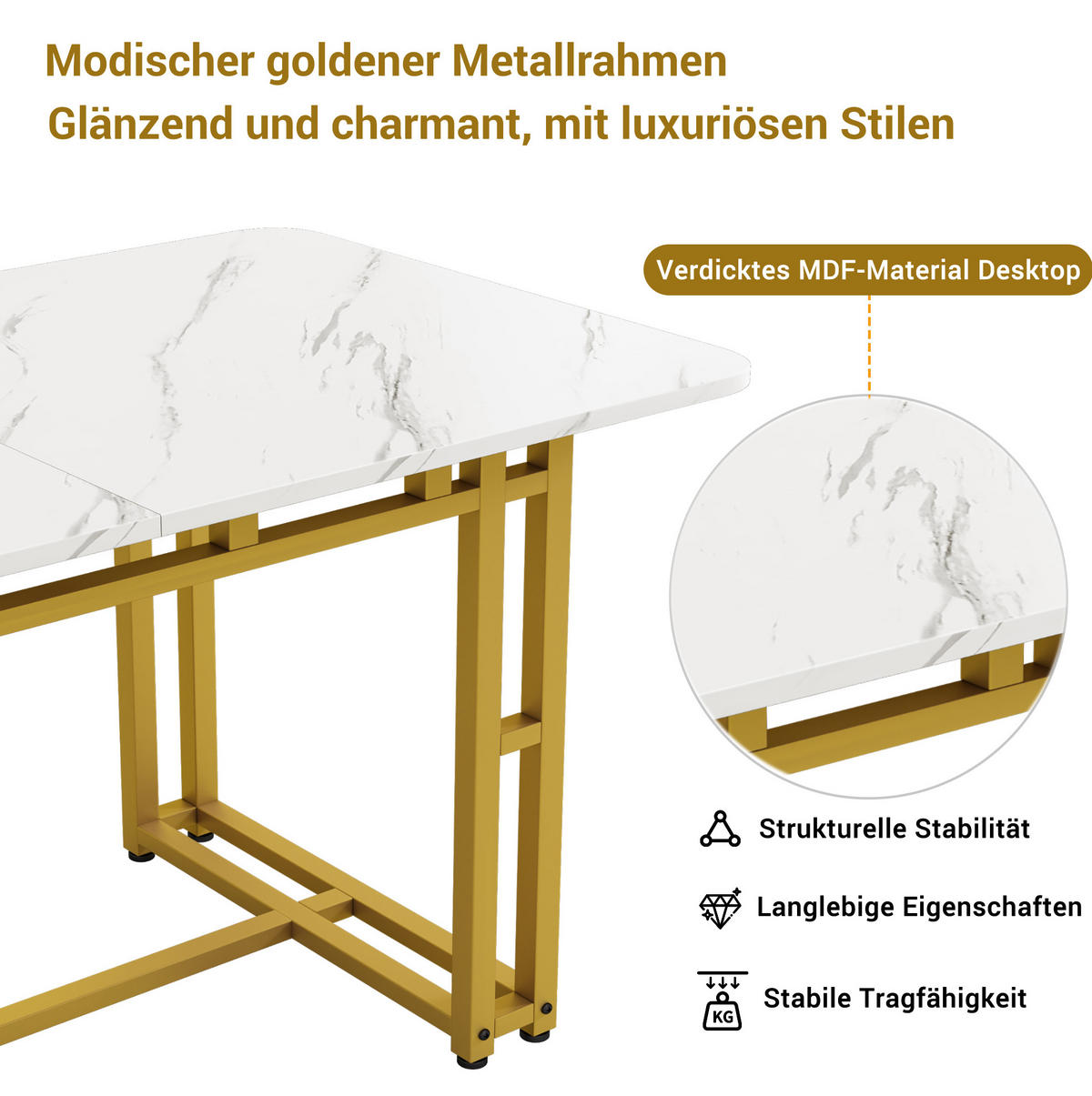 ESSTISCH MDF mit goldenem Metallgestell, 120/70/74 cm, Golden - Goldfarben, Holzwerkstoff (120/70/74cm) - Redom