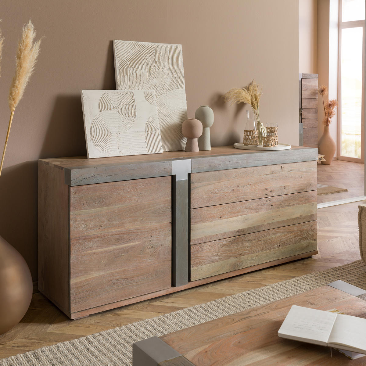 SIDEBOARD Akazie 180x45x75 beige lackiert Amsterdam #111 - Beige, Holz (180/75/45cm) - Massivmoebel24