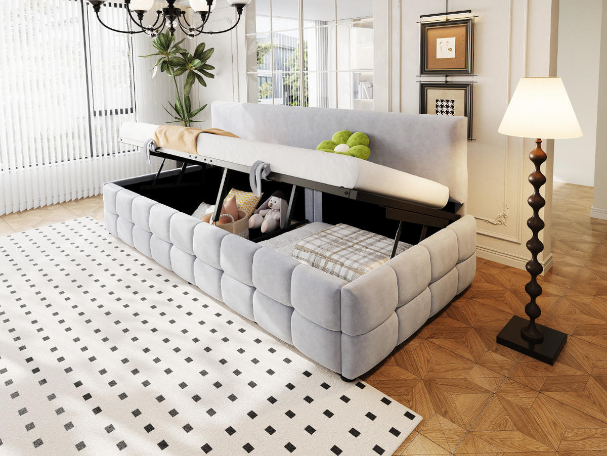 POLSTERBETT 90/200 cm Hellgrau aus Samt mit Stauraum - Hellgrau, Textil (90/200cm) - OKMYHOME