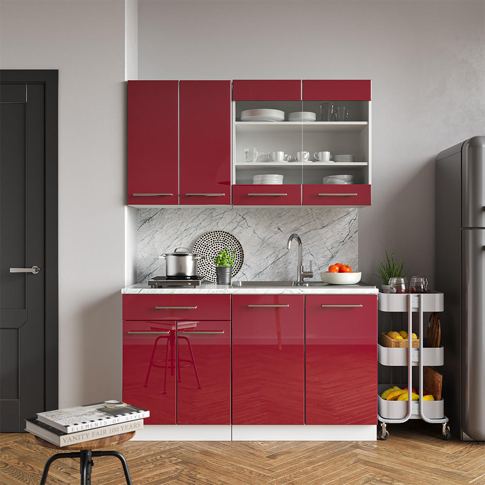 SINGLEKÜCHE Fame-Line Bordeaux Hochglanz/Weiß 140 cm, AP Anthrazit - Bordeaux/Weiß, Holzwerkstoff (140/81.6/60cm) - Vicco