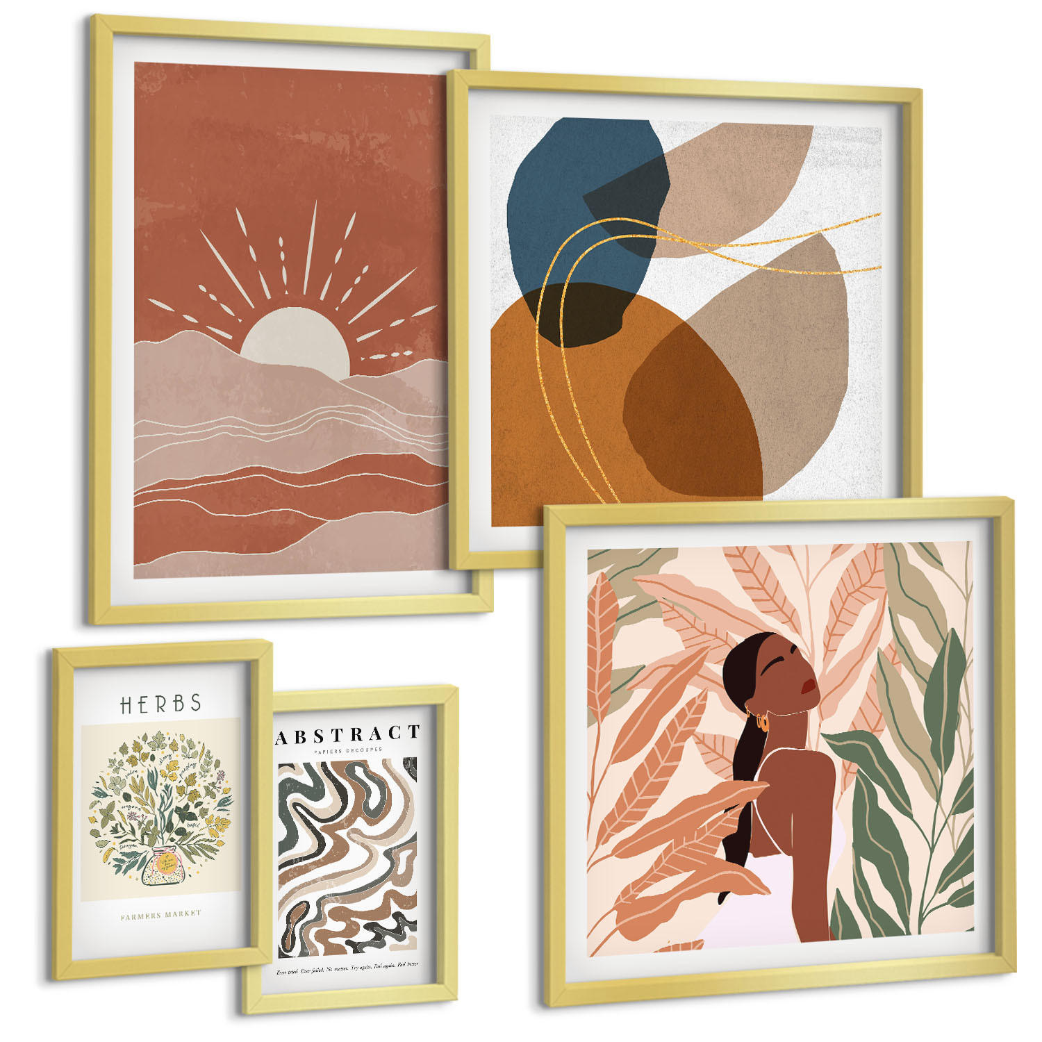 BILDER SET 5er Set - 50x50 cm & 20x30 cm & 40x60 cm Goldrahmen - Boho-Ästhetik, Pastellposter - Goldfarben, Kunststoff (40/60cm) - TULUP