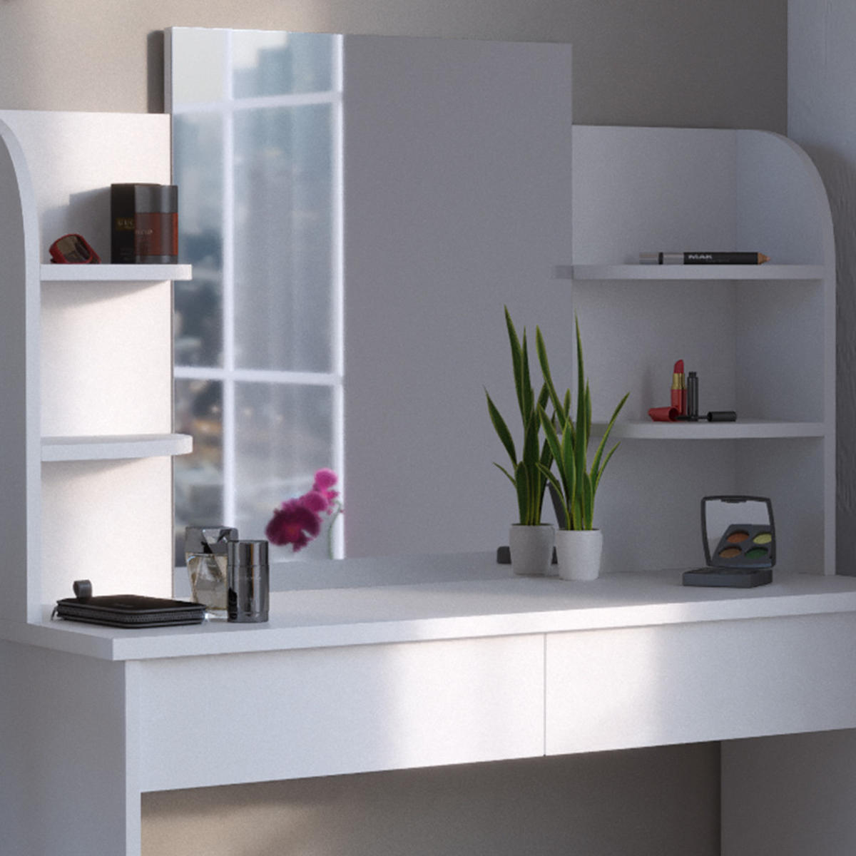 SCHMINKTISCH Charlotte Weiß 108 cm mit Spiegel - Weiß, Holzwerkstoff (108/139/40cm) - Vicco