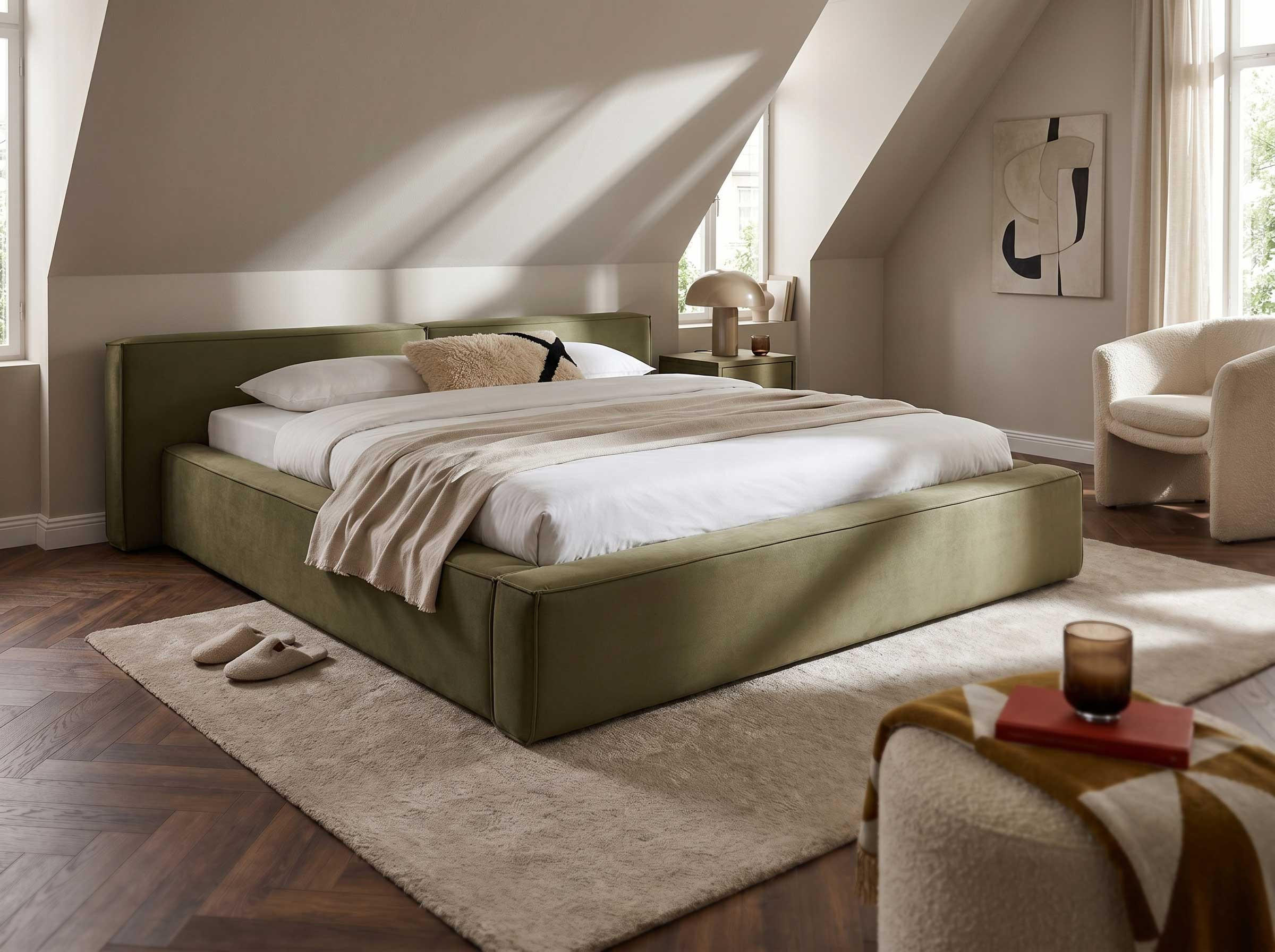 POLSTERBETT Jodie XL Low Olive 160/200 cm Samt mit Bettkasten - Olivgrün, Textil/Metall (160/200cm) - wonello