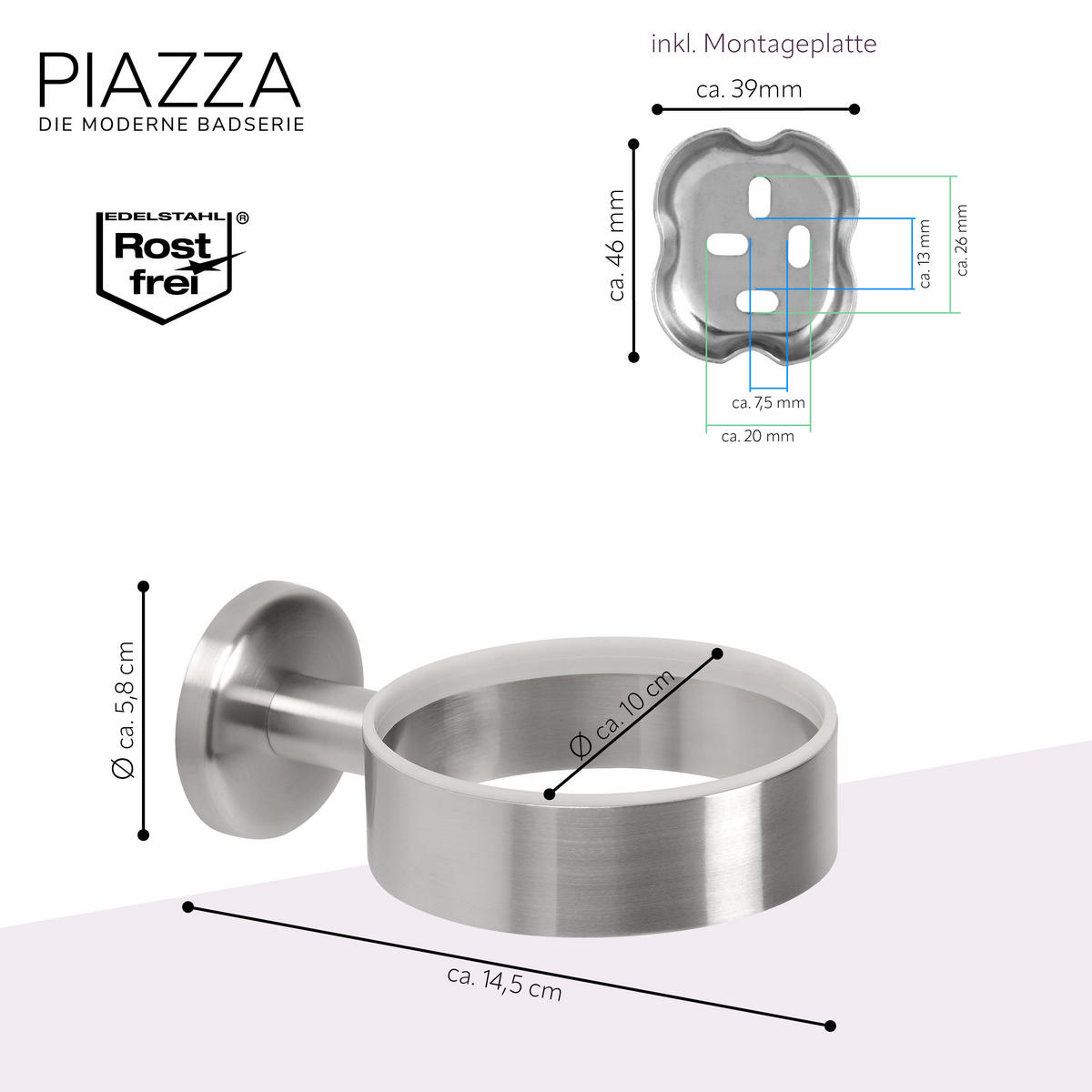 HAARTROCKNERHALTER PIAZZA, Edelstahl, matt, inkl. Klebeset - Edelstahlfarben, Metall (10/5.8/14.5cm) - bremermann