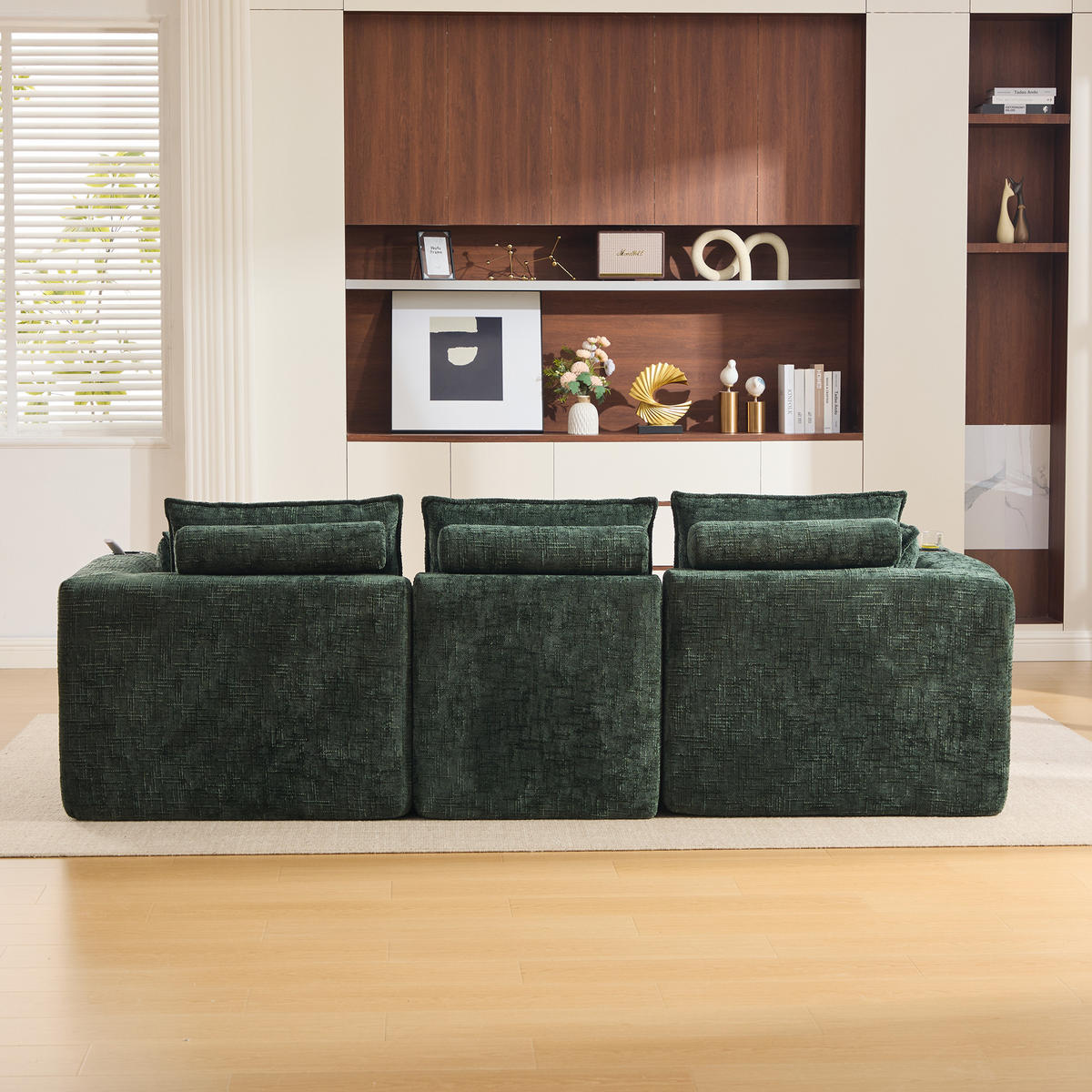 ECKSOFA mit Fußhocker, Getränkehalter und Federkern aus Chenille - Grün, Textil (256/161cm) - EVRYAE