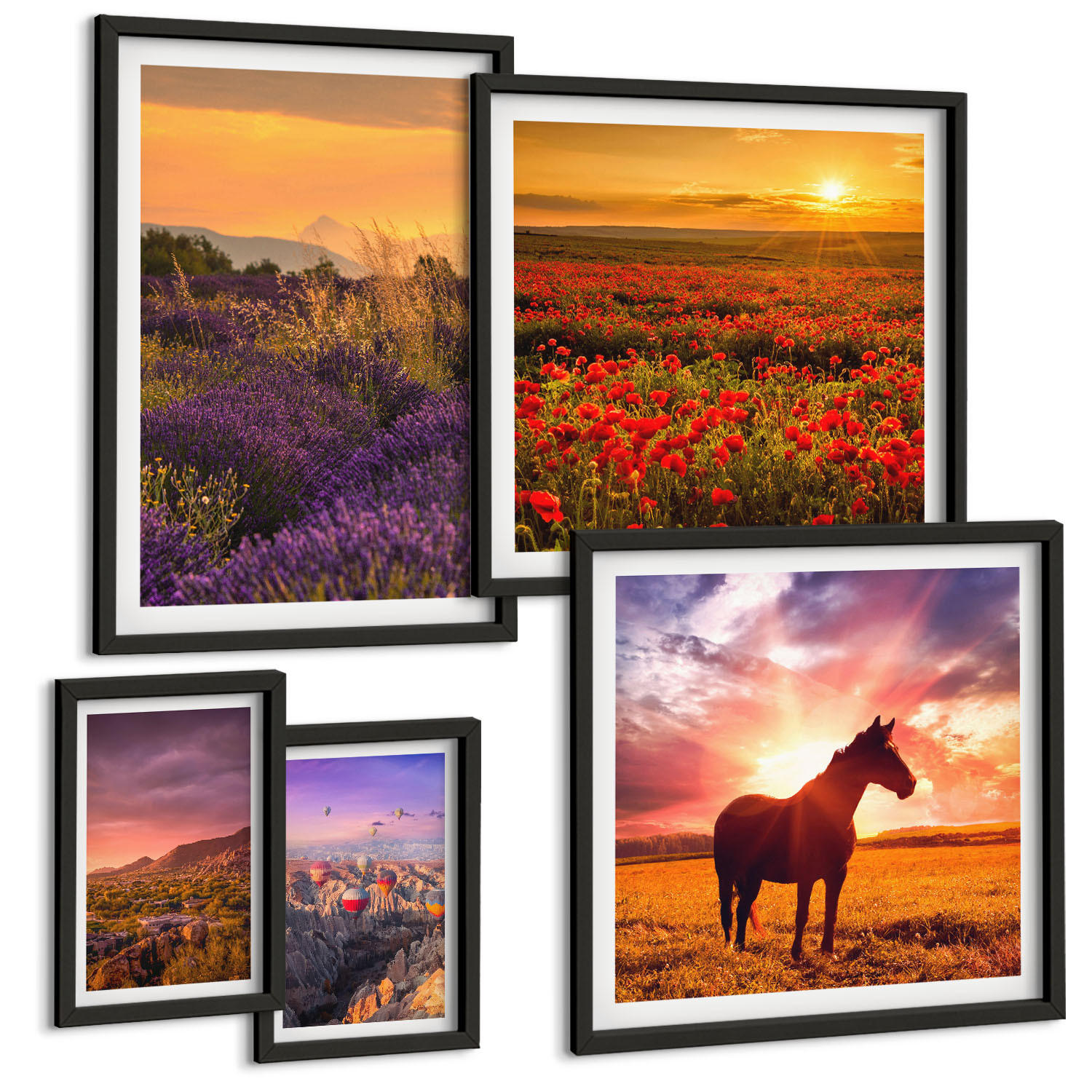 BILDER SET 5er Set - 50x50 cm & 20x30 cm & 40x60 cm Schwarzer Rahmen - Berglandschaft Rosslavendel - Schwarz, Kunststoff (40/60cm) - TULUP