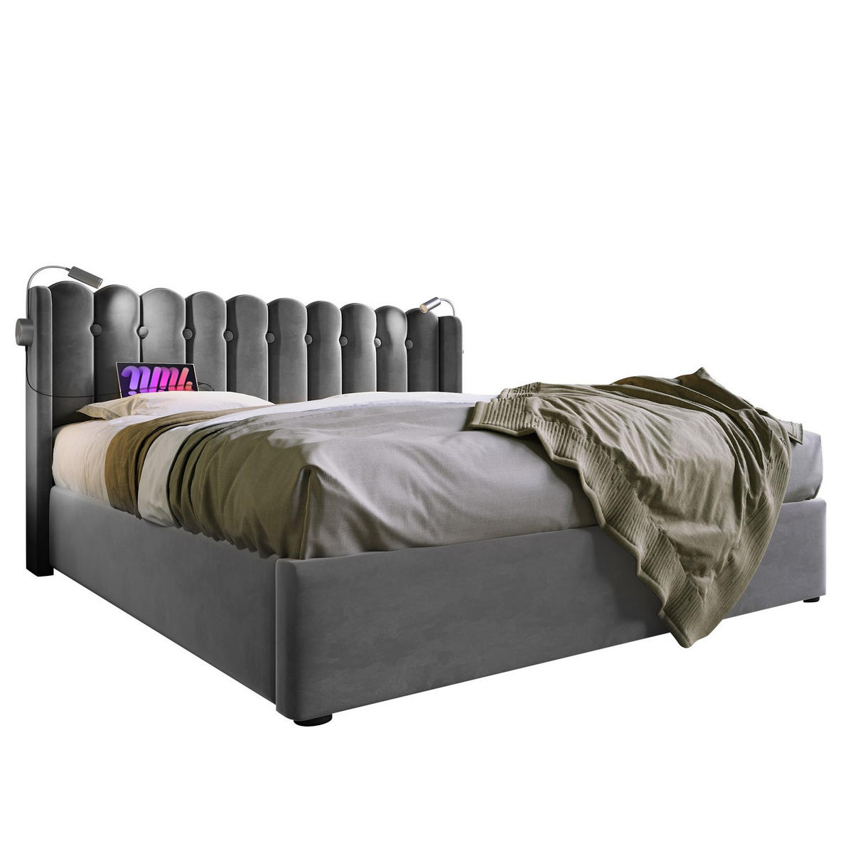 POLSTERBETT 140/200 cm grau mit Leselampe und Ladefunktion Ohne Matratze - Grau, Textil (140/200cm) - OKWISH